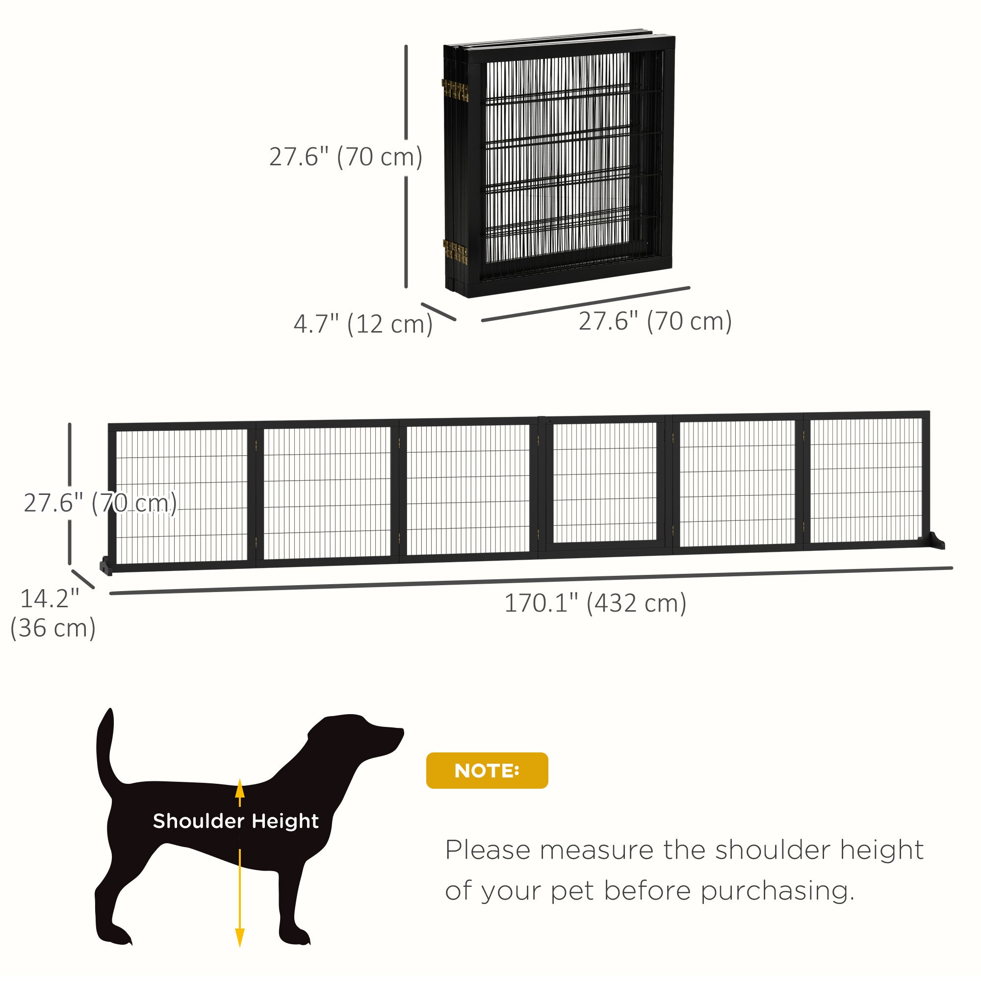 PawHut Wooden Pet Gate, Dog Safety Barrier, Freestanding Foldable Fence, w/ 6 Panels, 2 Support Feet, for House Doorway Stairs, Small & Medium Dogs, Black