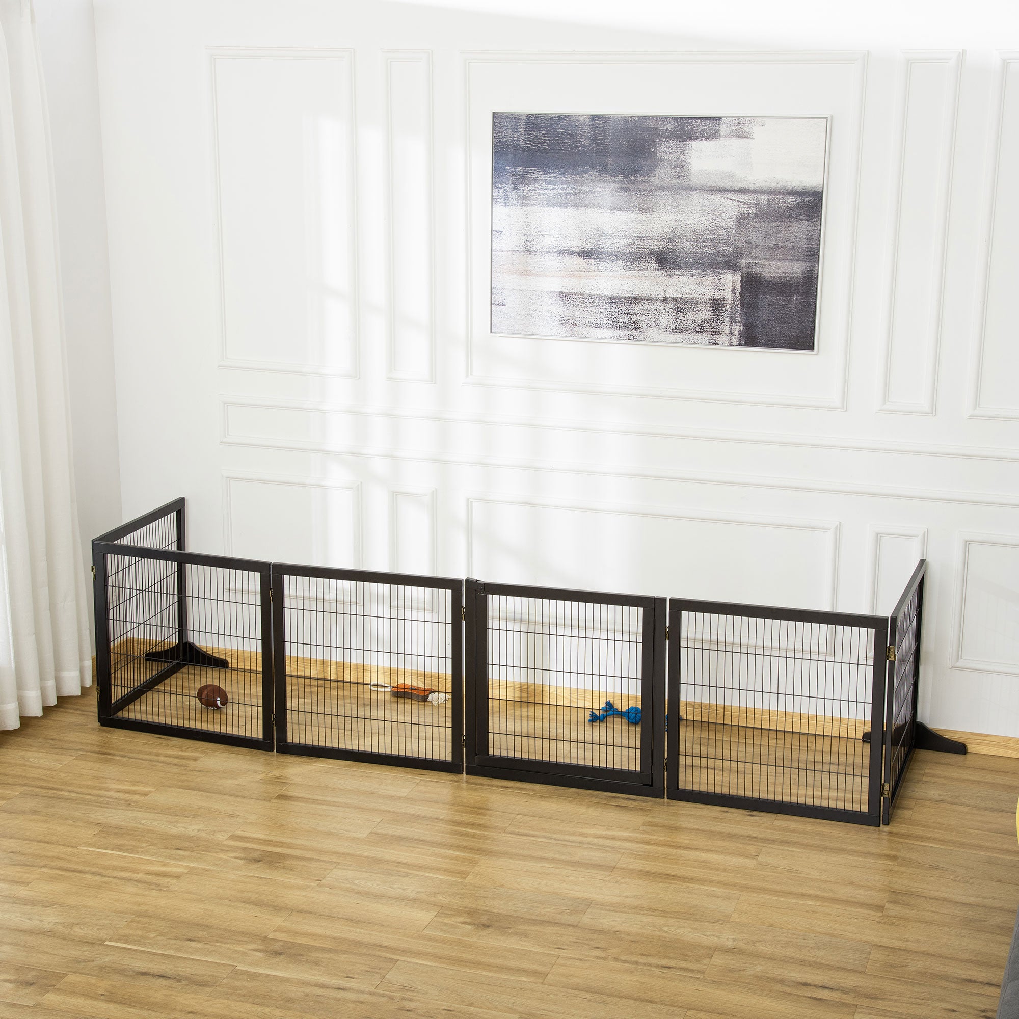 PawHut Wooden Pet Gate, Dog Safety Barrier, Freestanding Foldable Fence, w/ 6 Panels, 2 Support Feet, for House Doorway Stairs, Small & Medium Dogs, Black