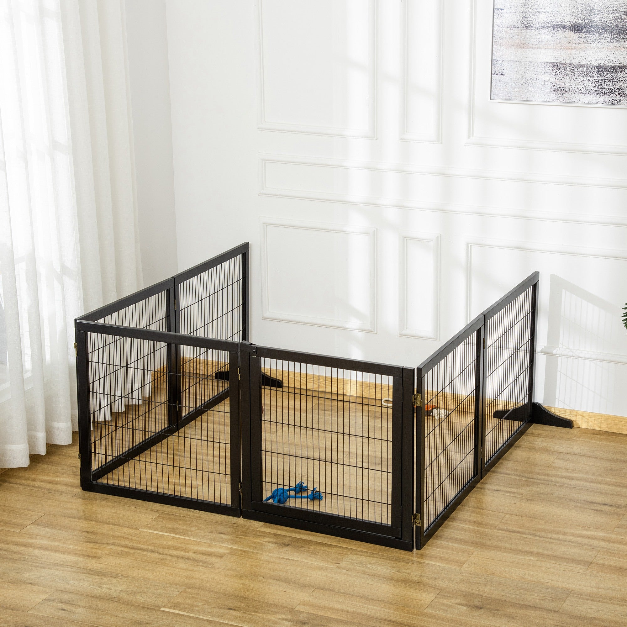PawHut Wooden Pet Gate, Dog Safety Barrier, Freestanding Foldable Fence, w/ 6 Panels, 2 Support Feet, for House Doorway Stairs, Small & Medium Dogs, Black