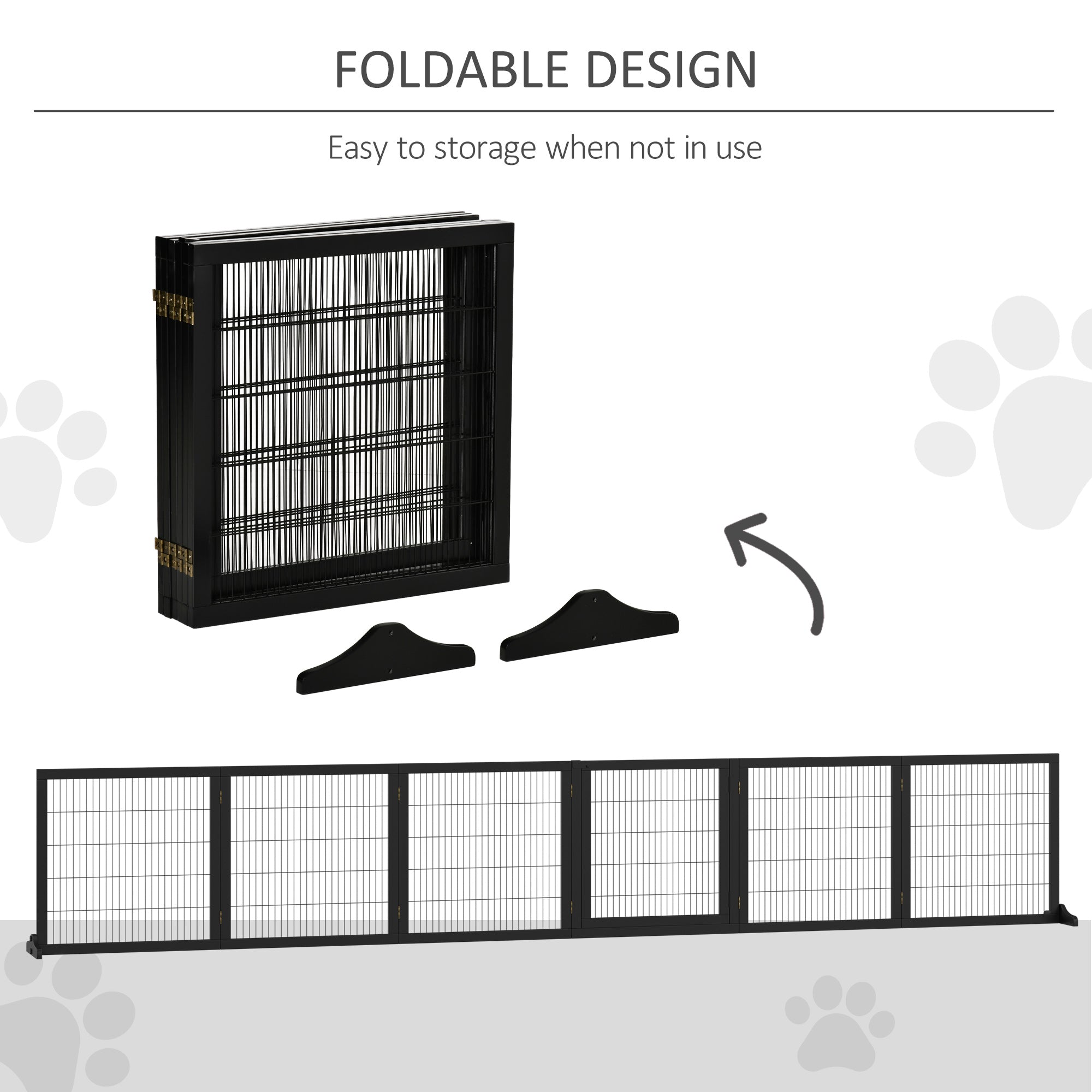 PawHut Wooden Pet Gate, Dog Safety Barrier, Freestanding Foldable Fence, w/ 6 Panels, 2 Support Feet, for House Doorway Stairs, Small & Medium Dogs, Black