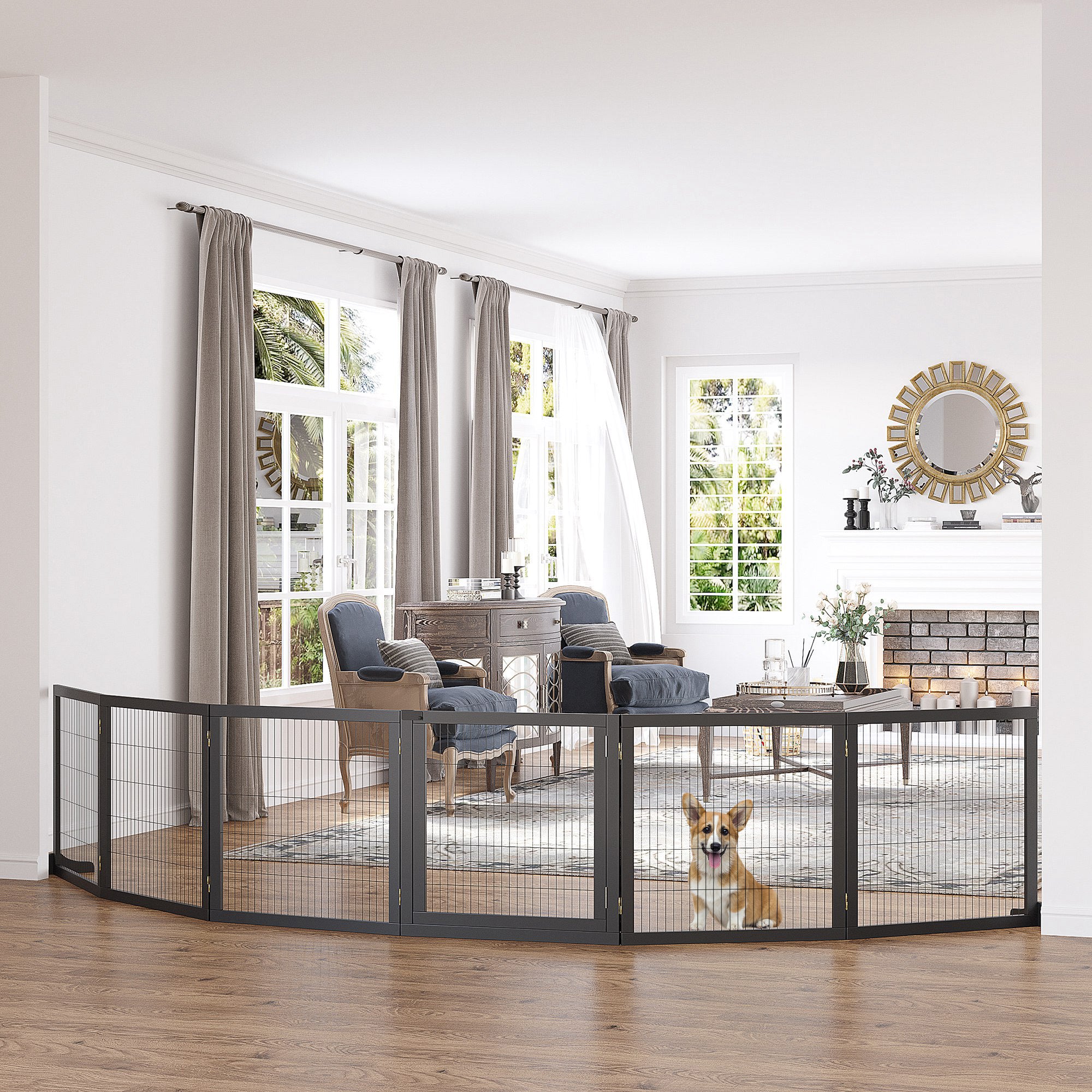 PawHut Wooden Pet Gate, Dog Safety Barrier, Freestanding Foldable Fence, w/ 6 Panels, 2 Support Feet, for House Doorway Stairs, Small & Medium Dogs, Black