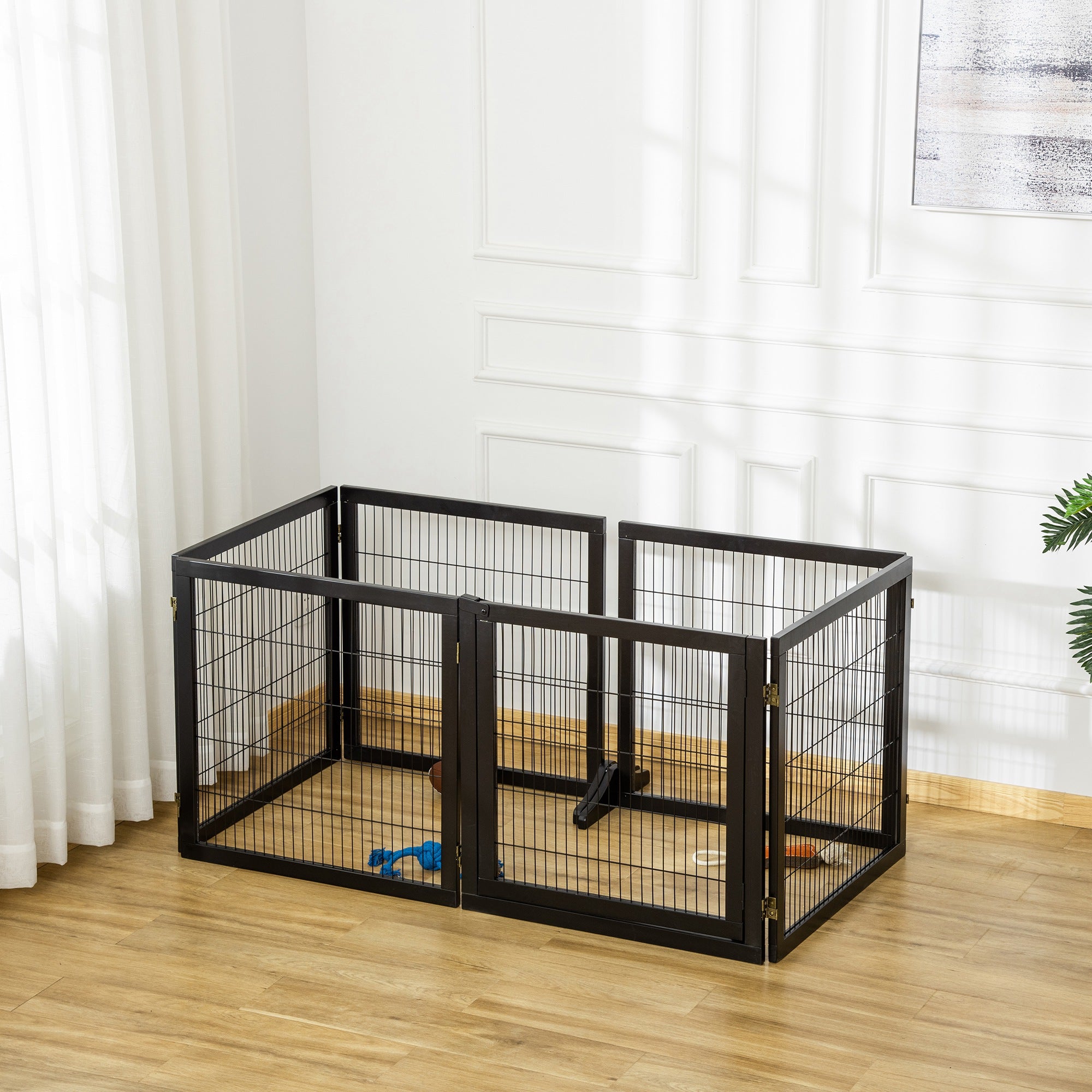 PawHut Wooden Pet Gate, Dog Safety Barrier, Freestanding Foldable Fence, w/ 6 Panels, 2 Support Feet, for House Doorway Stairs, Small & Medium Dogs, Black
