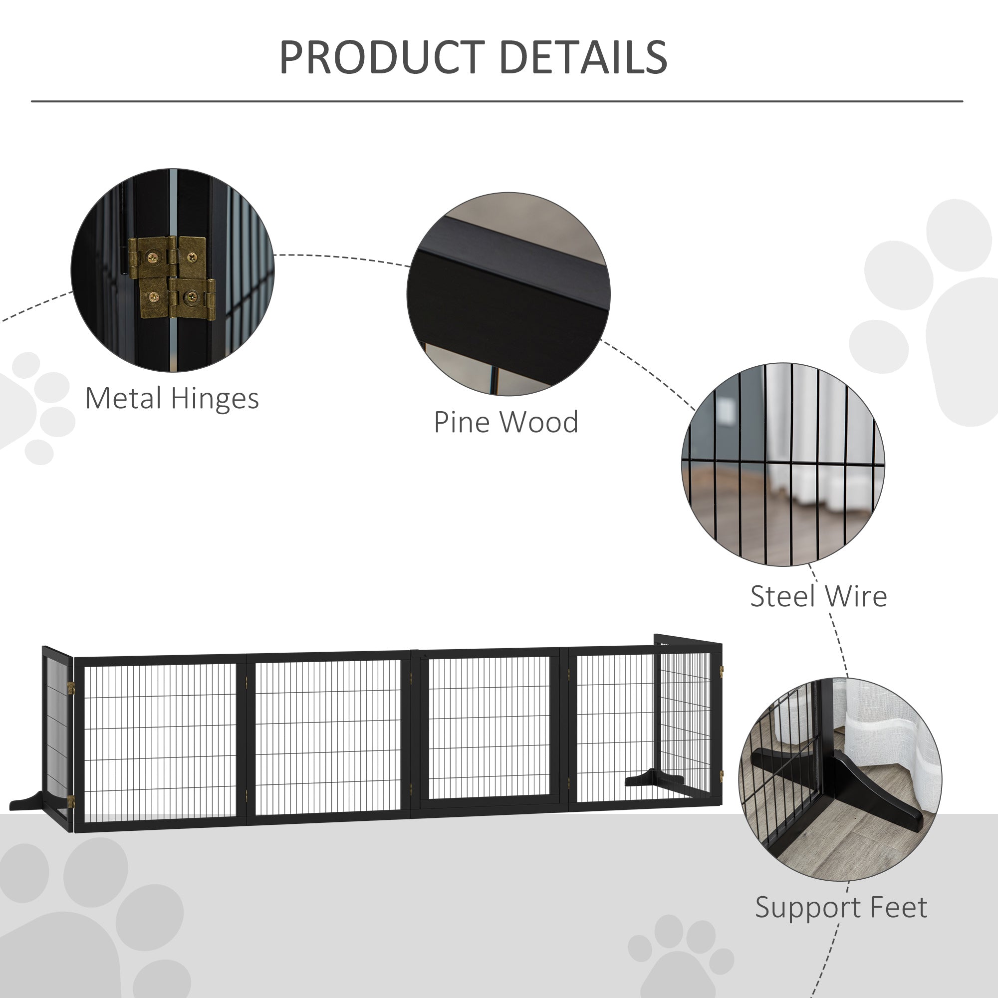 PawHut Wooden Pet Gate, Dog Safety Barrier, Freestanding Foldable Fence, w/ 6 Panels, 2 Support Feet, for House Doorway Stairs, Small & Medium Dogs, Black