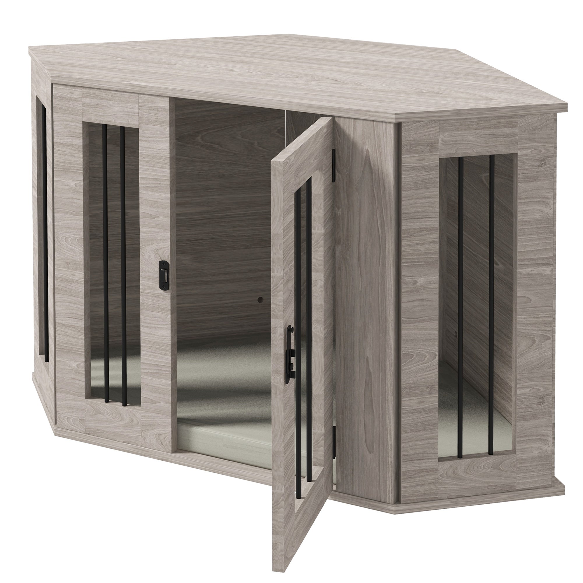 PawHut Corner Dog Crate Furniture, End Table Dog Kennel Furniture with Cushion, Pet Crate for Medium-Sized Dog Indoor Use, Walnut Brown