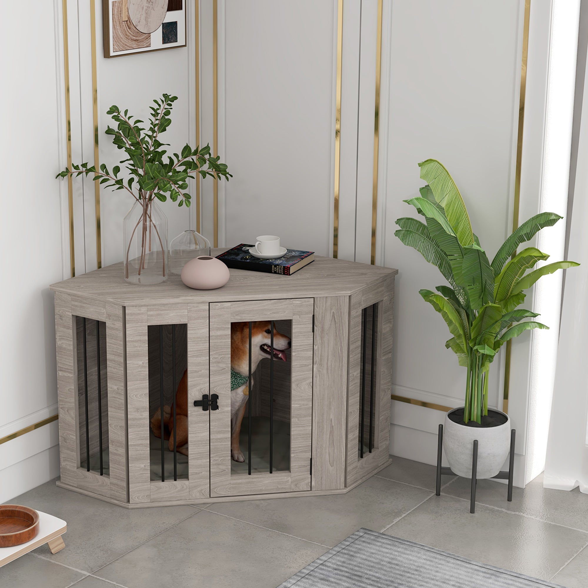 PawHut 41" Dog Crate Furniture, Corner Dog Crate End Table for Medium and Small Dogs, Indoor Dog Cage with Cushion, Door, Lock, Walnut Brown