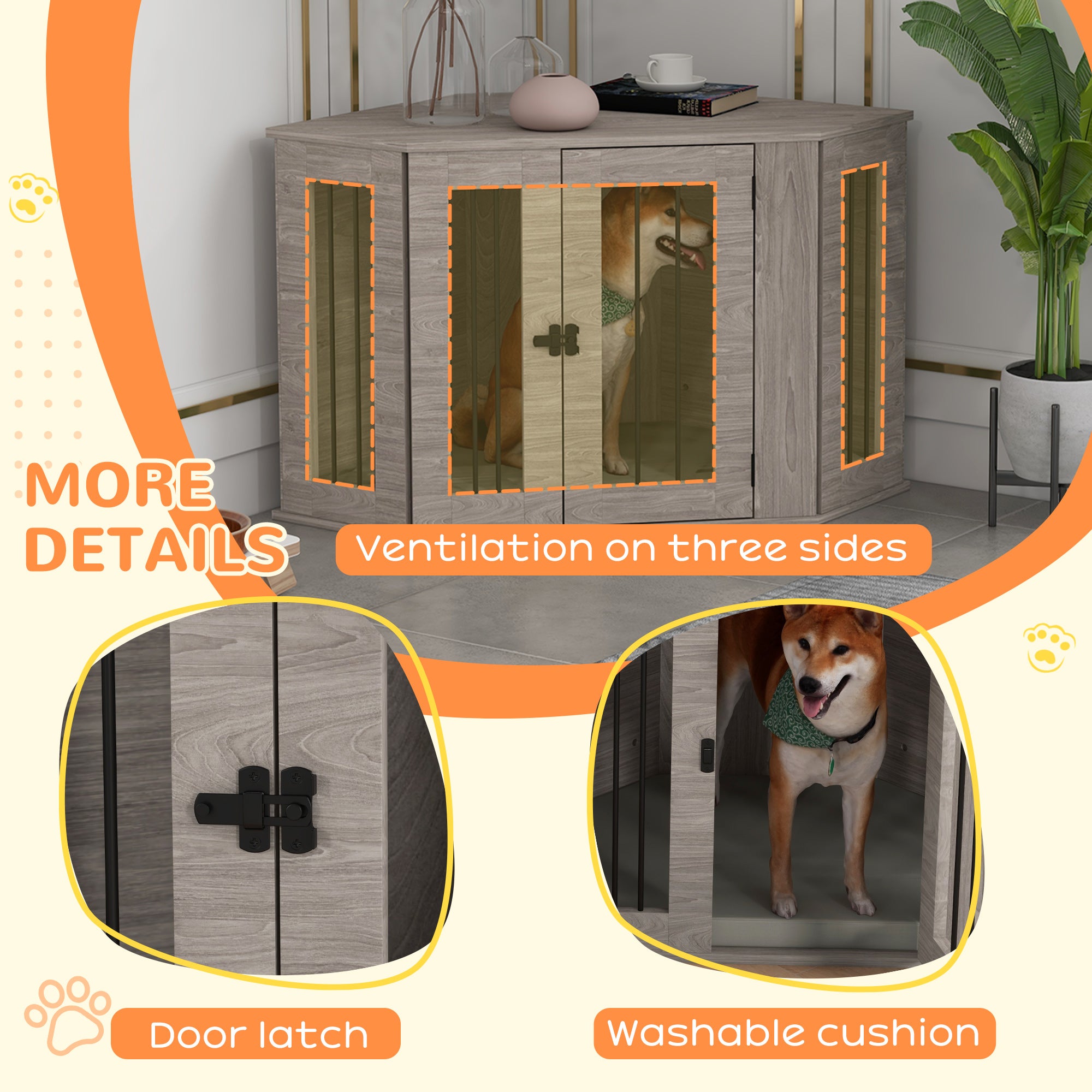 PawHut Corner Dog Crate Furniture, End Table Dog Kennel Furniture with Cushion, Pet Crate for Medium-Sized Dog Indoor Use, Walnut Brown
