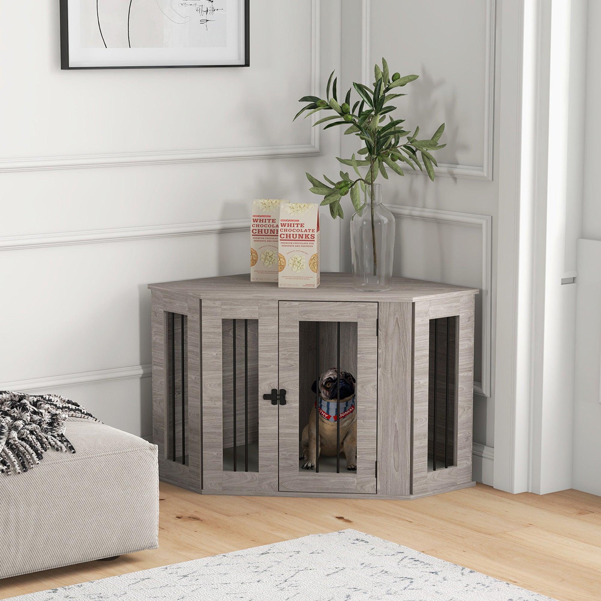 PawHut Corner Dog Crate Furniture, End Table Dog Kennel Furniture with Cushion, Pet Crate for Medium-Sized Dog Indoor Use, Walnut Brown