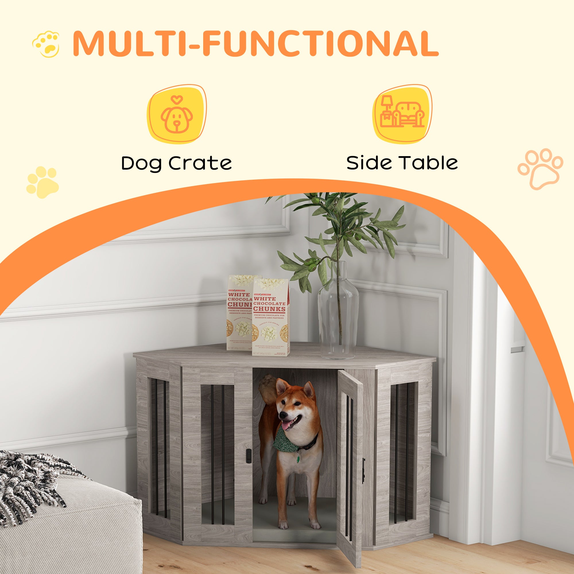 PawHut Corner Dog Crate Furniture, End Table Dog Kennel Furniture with Cushion, Pet Crate for Medium-Sized Dog Indoor Use, Walnut Brown