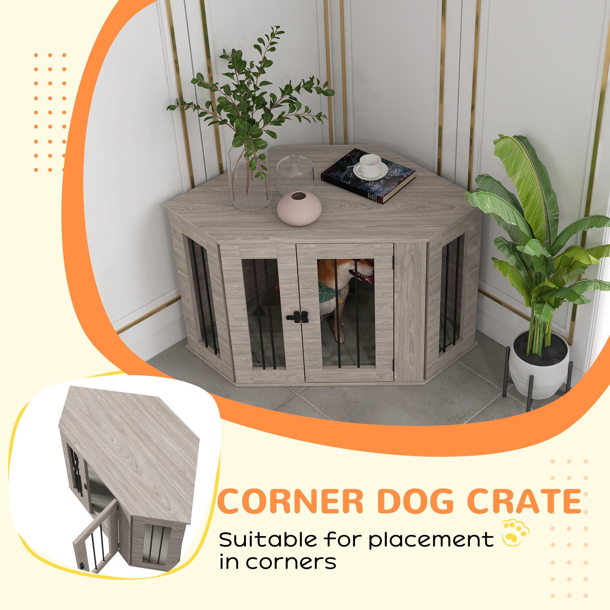 PawHut 41" Dog Crate Furniture, Corner Dog Crate End Table for Medium and Small Dogs, Indoor Dog Cage with Cushion, Door, Lock, Walnut Brown