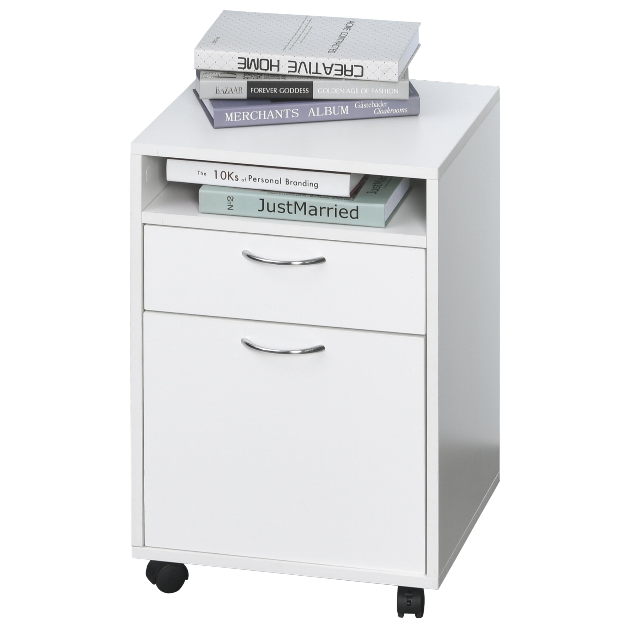 HOMCOM 24" Vertical Filing Cabinet with Drawer, Mobile File Cabinet with Wheels for Home Office, White