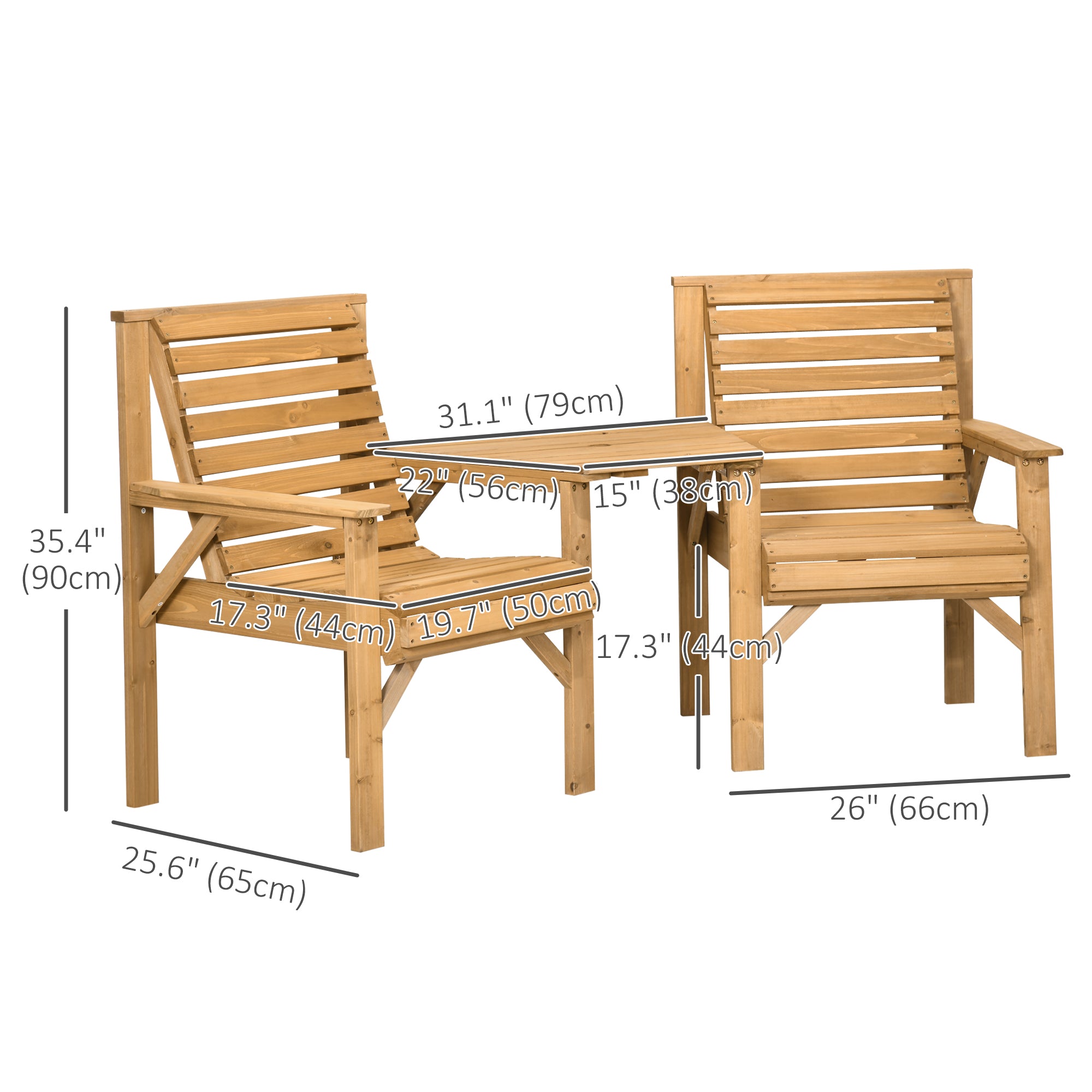 Outsunny 3Pcs Outdoor Bench Set, 2 Garden Benches Coffee Table and Umbrella Hole, Patio Table and Chair Set for Garden, Backyard, Balcony, Light Brown