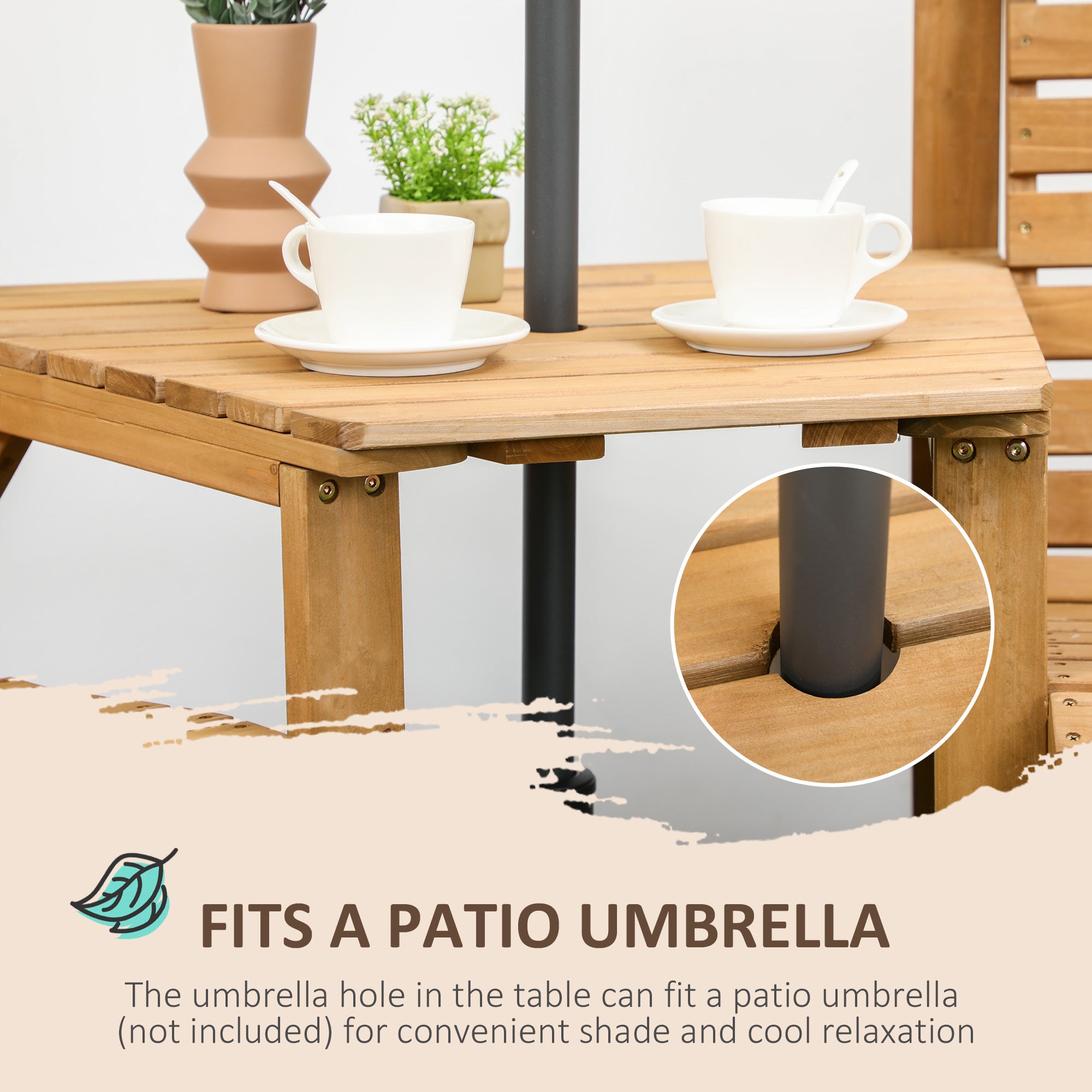 Outsunny 3Pcs Outdoor Bench Set, 2 Garden Benches Coffee Table and Umbrella Hole, Patio Table and Chair Set for Garden, Backyard, Balcony, Light Brown