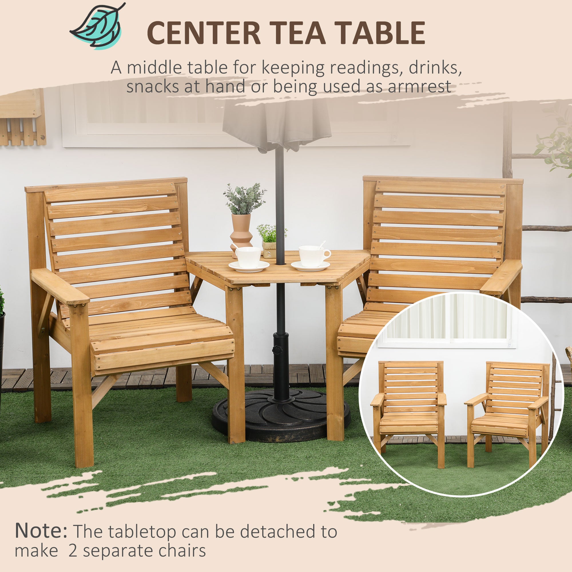 Outsunny 3Pcs Outdoor Bench Set, 2 Garden Benches Coffee Table and Umbrella Hole, Patio Table and Chair Set for Garden, Backyard, Balcony, Light Brown