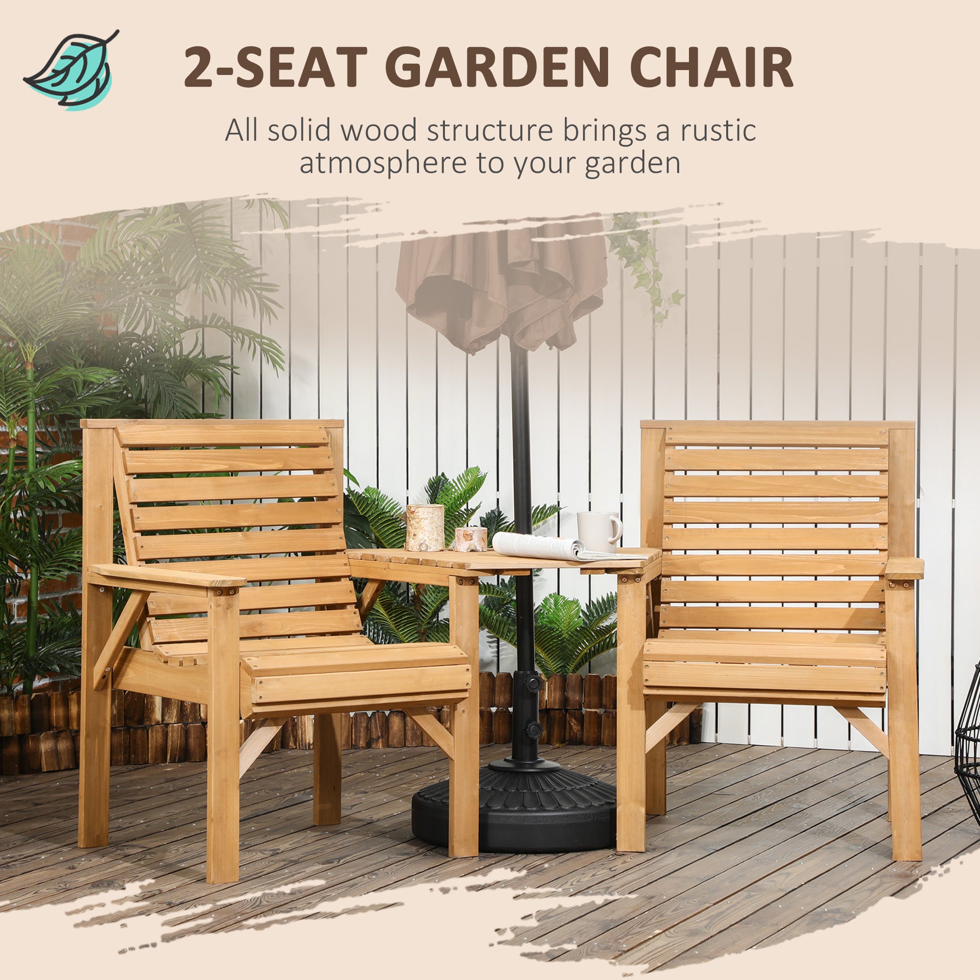 Outsunny 3Pcs Outdoor Bench Set, 2 Garden Benches Coffee Table and Umbrella Hole, Patio Table and Chair Set for Garden, Backyard, Balcony, Light Brown