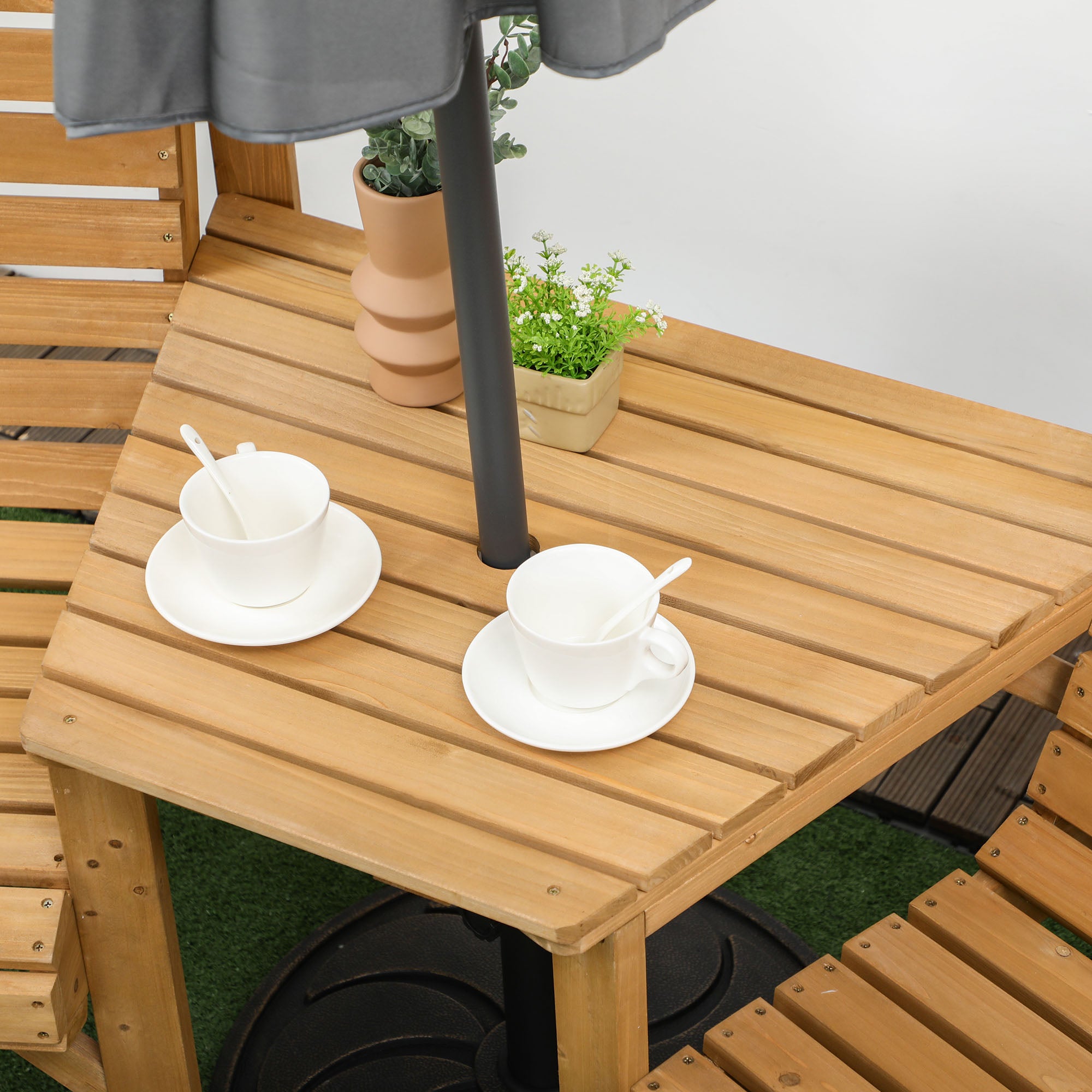 Outsunny 3Pcs Outdoor Bench Set, 2 Garden Benches Coffee Table and Umbrella Hole, Patio Table and Chair Set for Garden, Backyard, Balcony, Light Brown