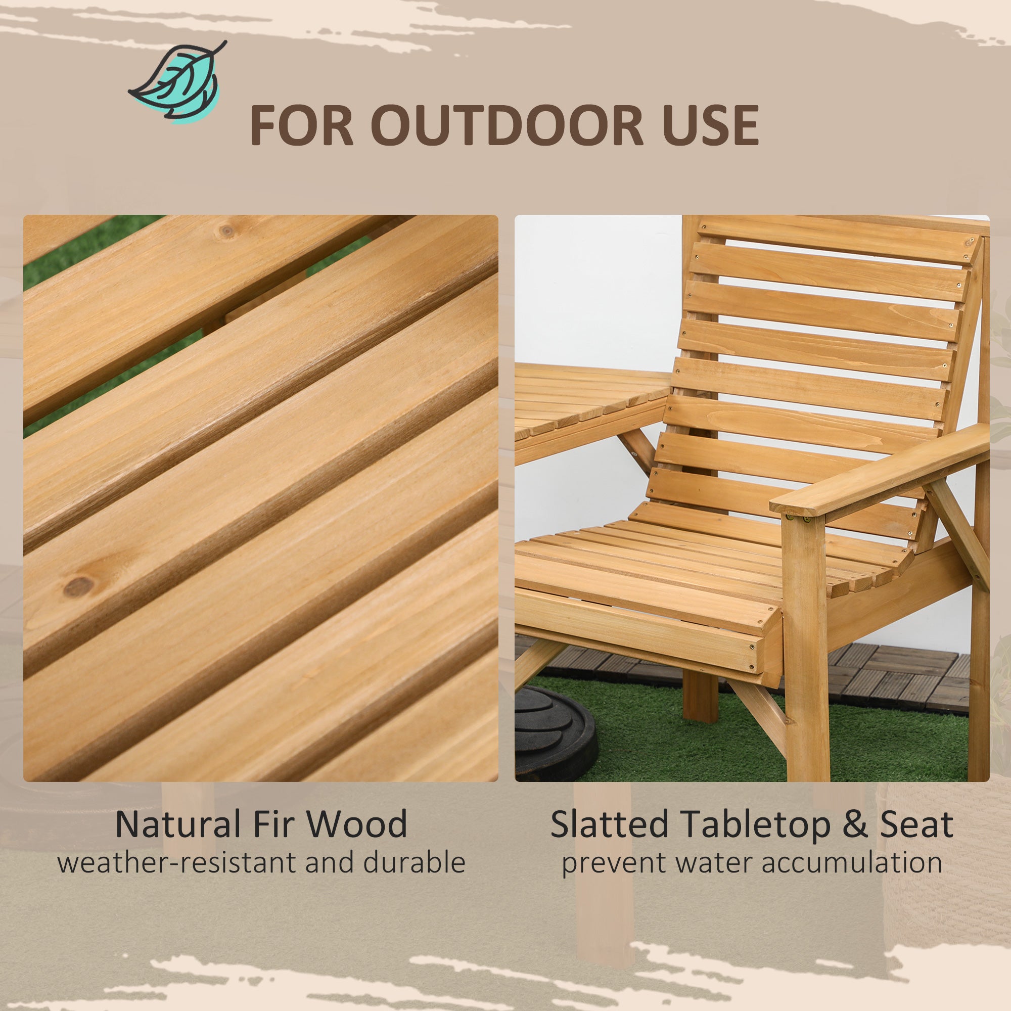 Outsunny 3Pcs Outdoor Bench Set, 2 Garden Benches Coffee Table and Umbrella Hole, Patio Table and Chair Set for Garden, Backyard, Balcony, Light Brown