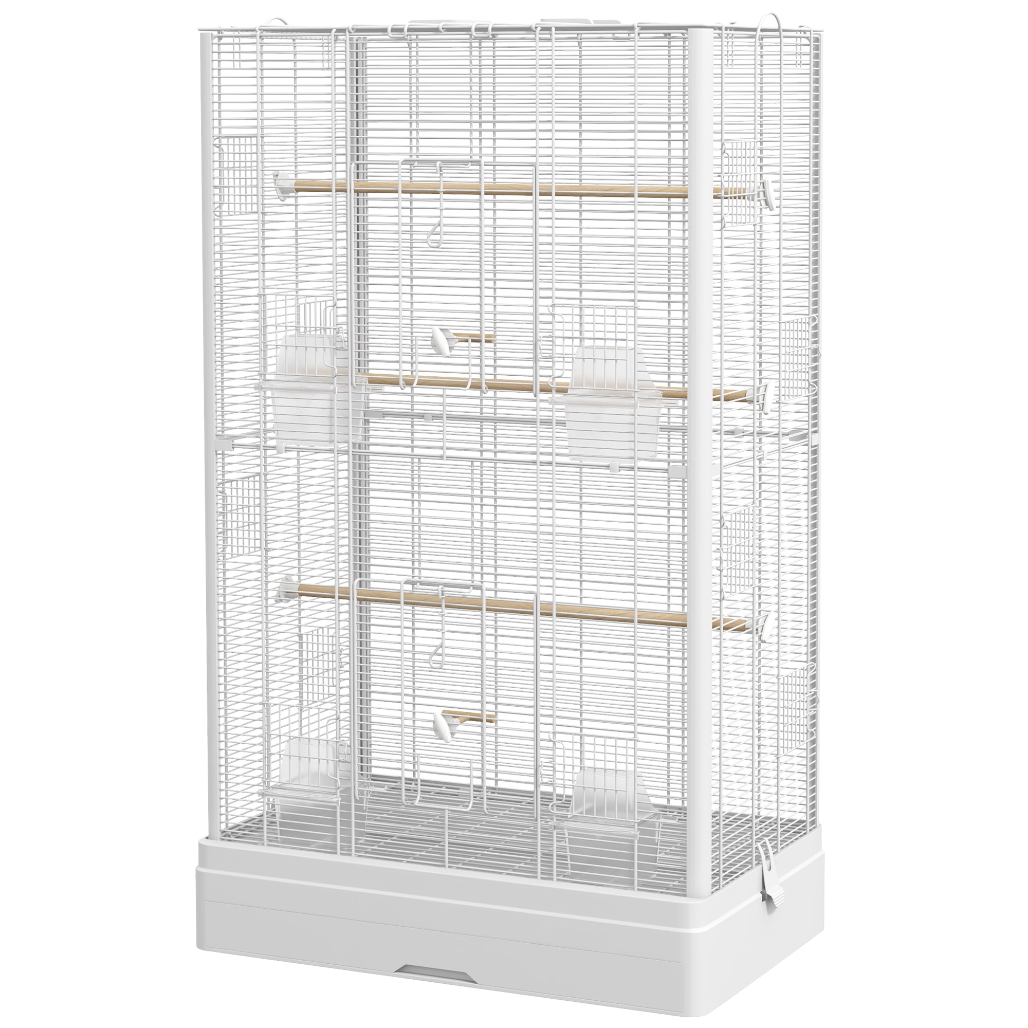 PawHut 39" Bird Cage for Budgie, Finches, Canaries, Love Birds, Large Parrot Cage with Wooden Stands, Slide-Out Tray, Handles, Food Containers, White