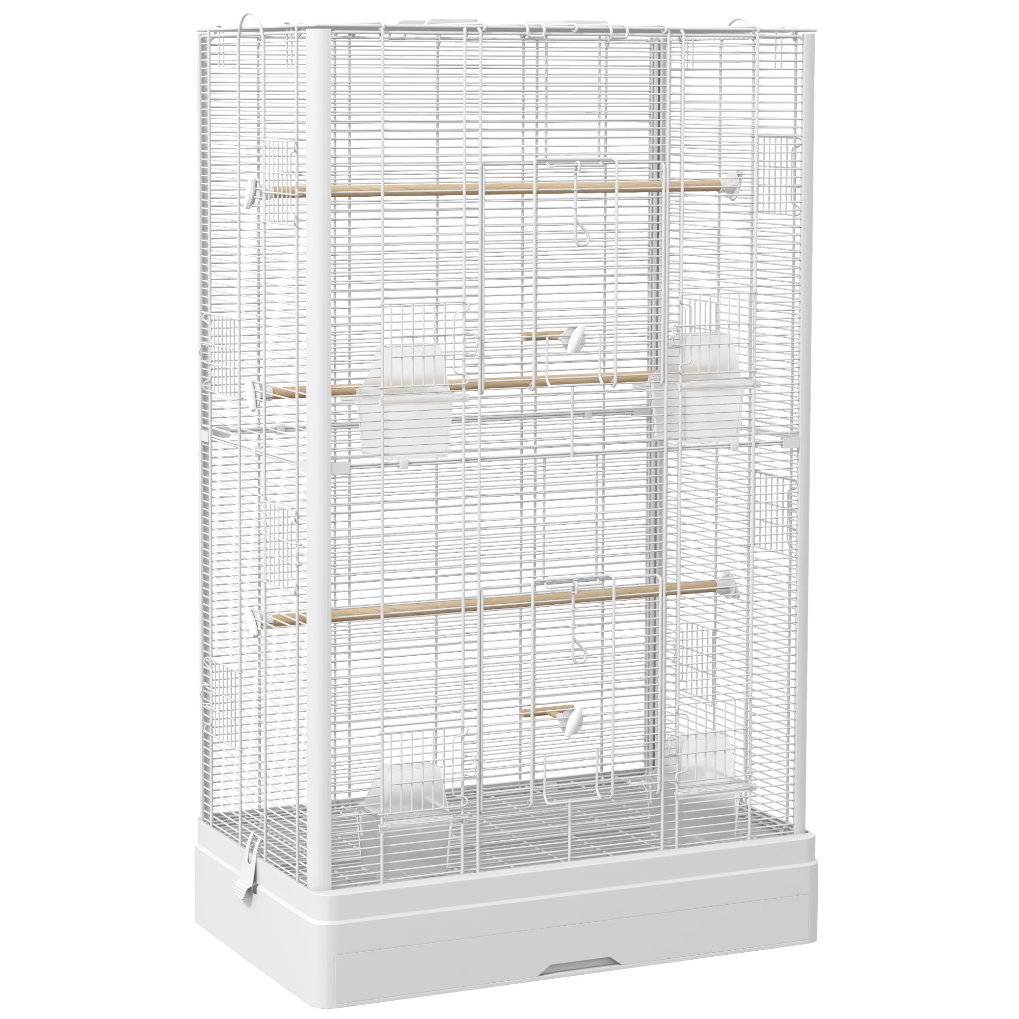 PawHut 39" Bird Cage for Budgie, Finches, Canaries, Love Birds, Large Parrot Cage with Wooden Stands, Slide-Out Tray, Handles, Food Containers, White