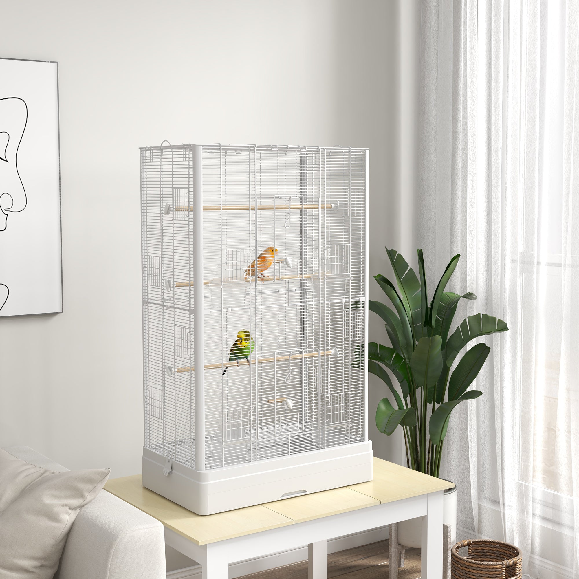 PawHut 39" Bird Cage for Budgie, Finches, Canaries, Love Birds, Large Parrot Cage with Wooden Stands, Slide-Out Tray, Handles, Food Containers, White
