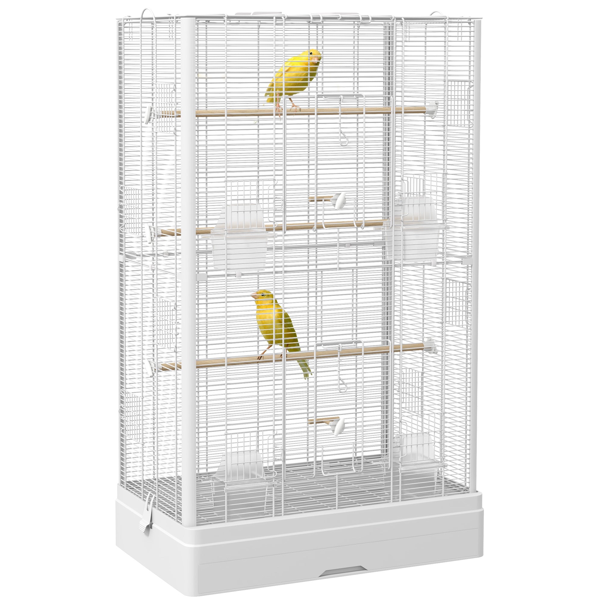PawHut 39" Bird Cage for Budgie, Finches, Canaries, Love Birds, Large Parrot Cage with Wooden Stands, Slide-Out Tray, Handles, Food Containers, White