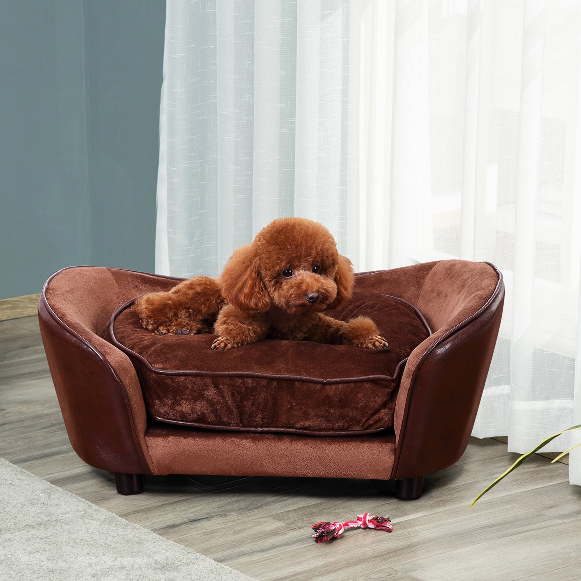 PawHut Dog Sofa Bed for Small-Sized Dogs, Pet Couch with Removable Soft Cushion, Cat Sofa Lounge with Back Pocket, Thick Sponge, Wooden Frame