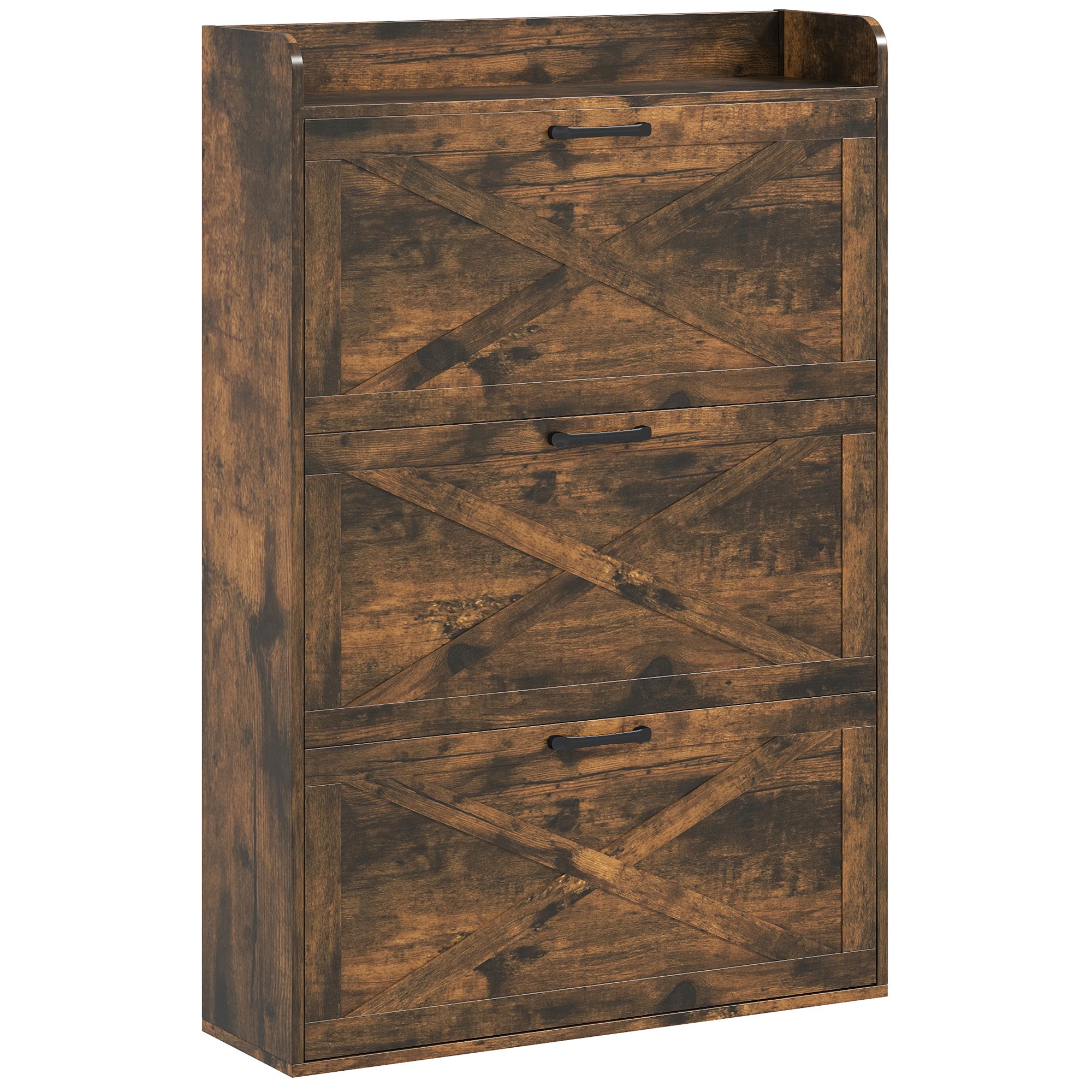 HOMCOM Narrow Shoe Cabinet, Farmhouse Slim Shoe Organizer Cabinet with 3 Flip Drawers, Adjustable Shelves, Barn Door Design for Entryway, Hallway, Rustic Brown