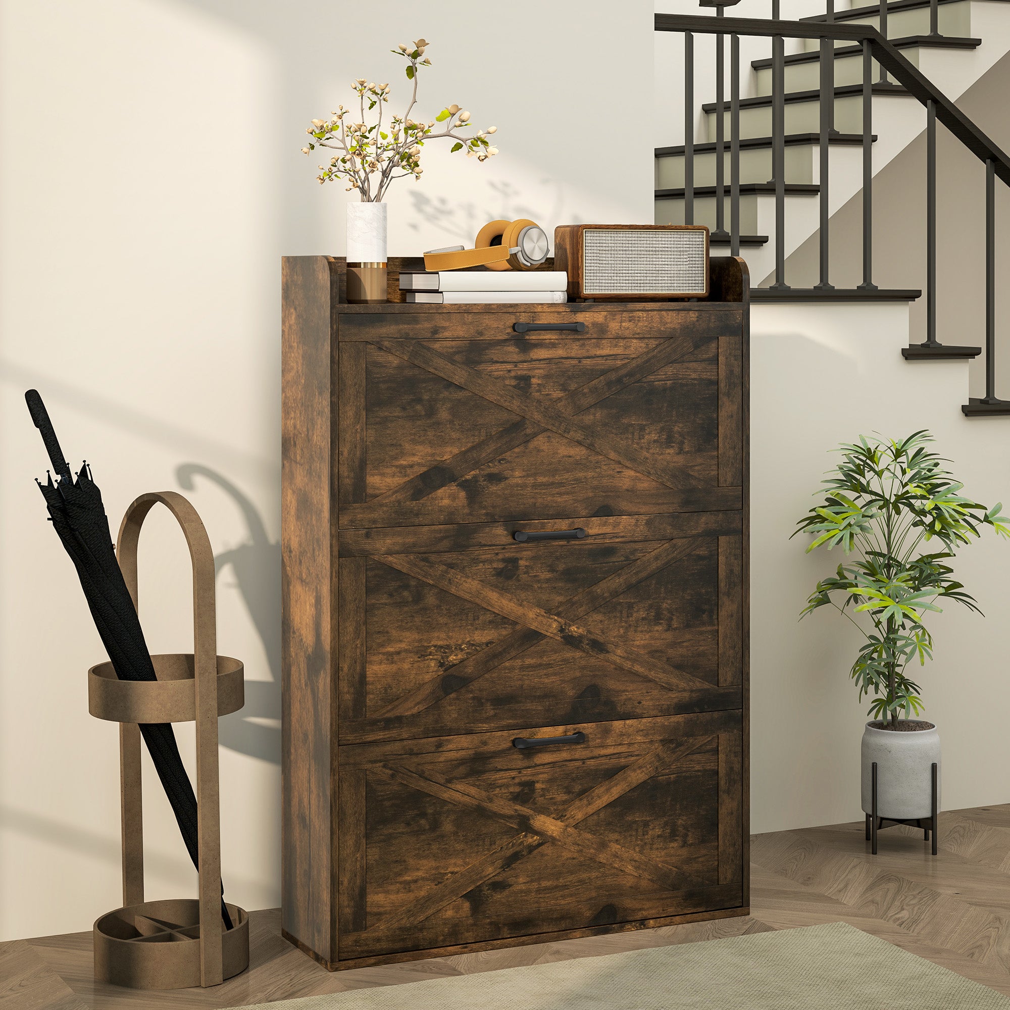 HOMCOM Narrow Shoe Cabinet, Farmhouse Slim Shoe Organizer Cabinet with 3 Flip Drawers, Adjustable Shelves, Barn Door Design for Entryway, Hallway, Rustic Brown