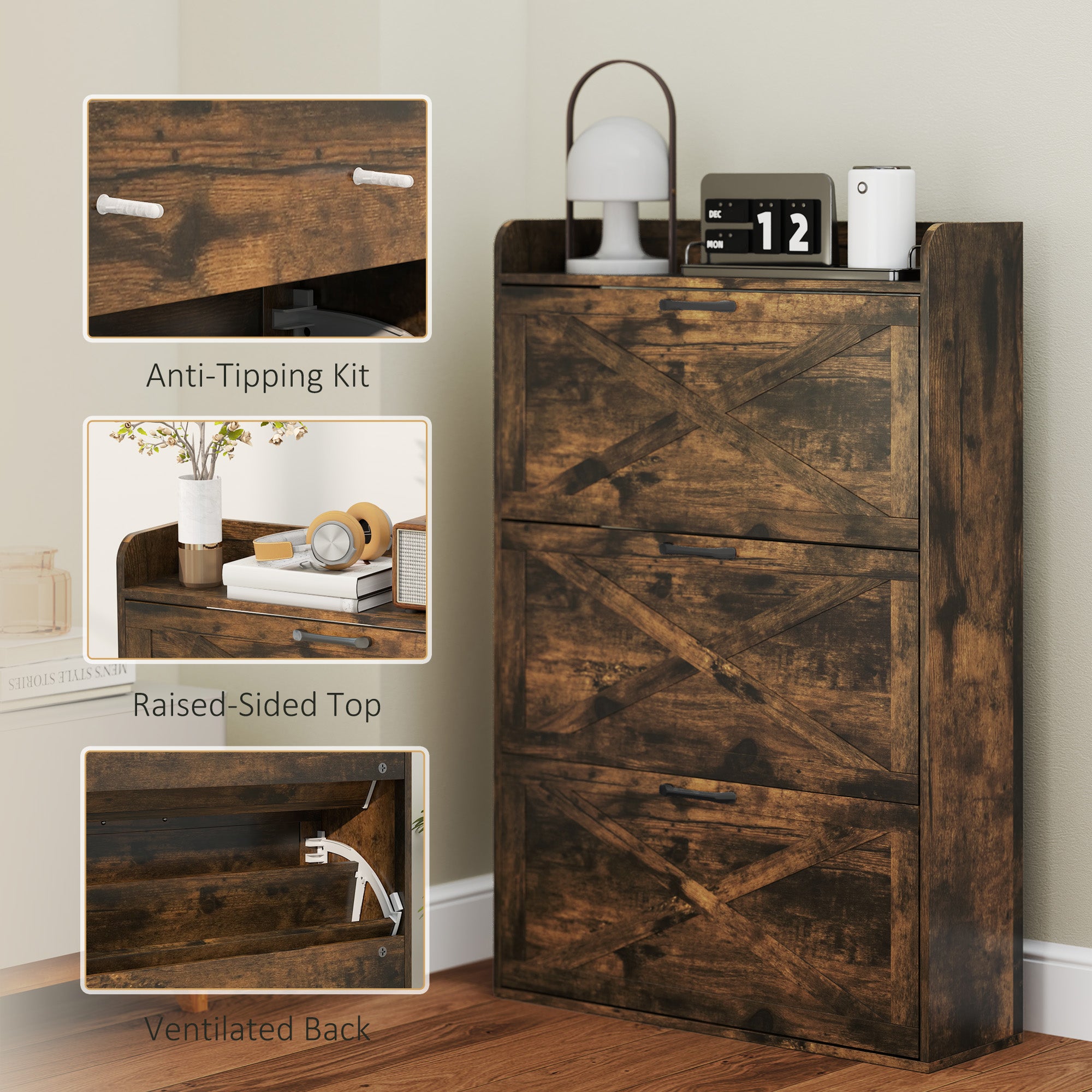 HOMCOM Narrow Shoe Cabinet, Farmhouse Slim Shoe Organizer Cabinet with 3 Flip Drawers, Adjustable Shelves, Barn Door Design for Entryway, Hallway, Rustic Brown