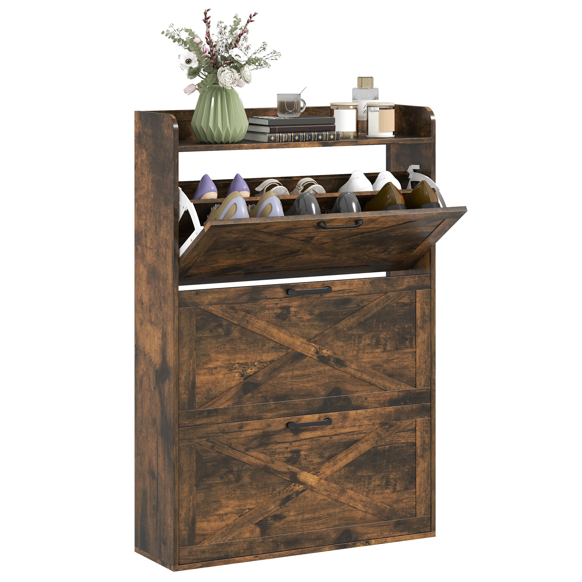 HOMCOM Narrow Shoe Cabinet, Farmhouse Slim Shoe Organizer Cabinet with 3 Flip Drawers, Adjustable Shelves, Barn Door Design for Entryway, Hallway, Rustic Brown
