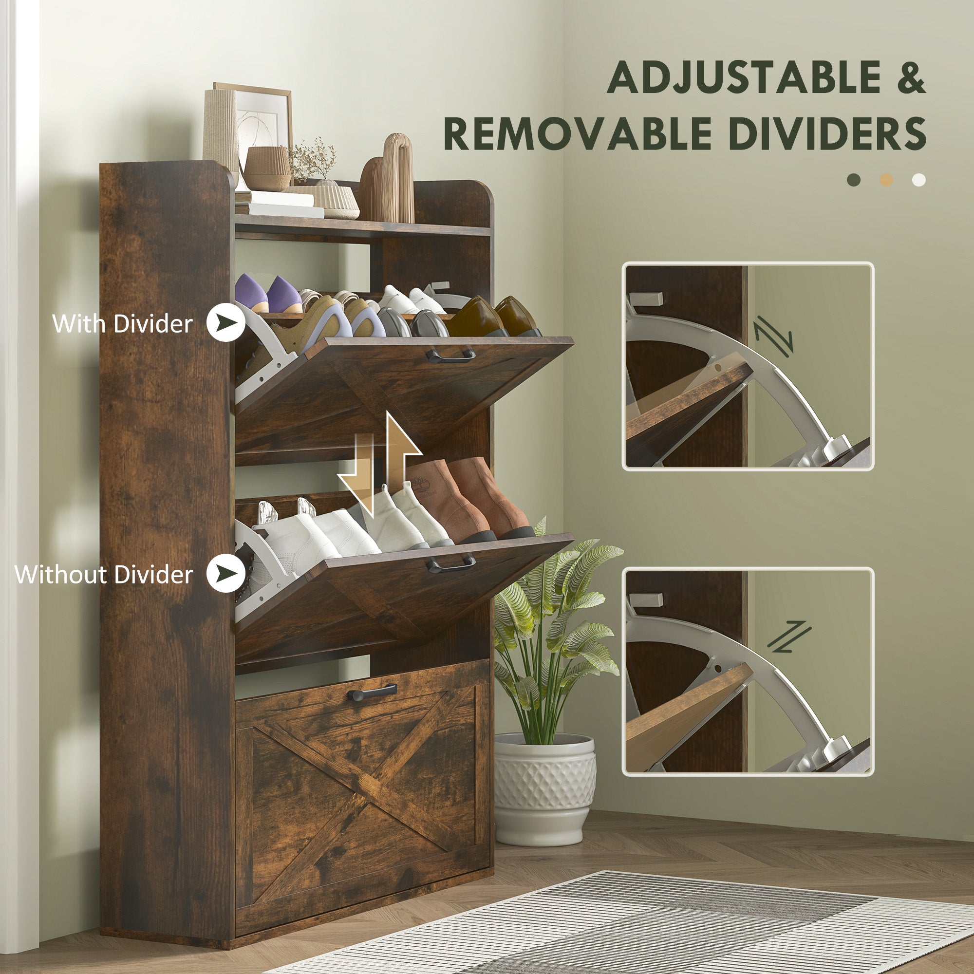 HOMCOM Narrow Shoe Cabinet, Farmhouse Slim Shoe Organizer Cabinet with 3 Flip Drawers, Adjustable Shelves, Barn Door Design for Entryway, Hallway, Rustic Brown