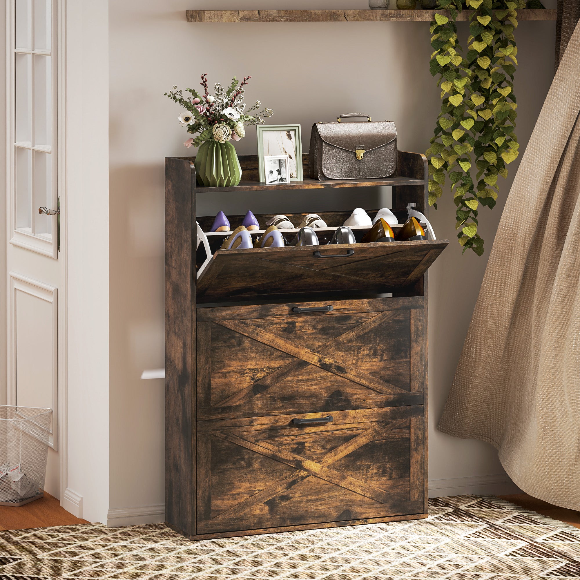 HOMCOM Narrow Shoe Cabinet, Farmhouse Slim Shoe Organizer Cabinet with 3 Flip Drawers, Adjustable Shelves, Barn Door Design for Entryway, Hallway, Rustic Brown