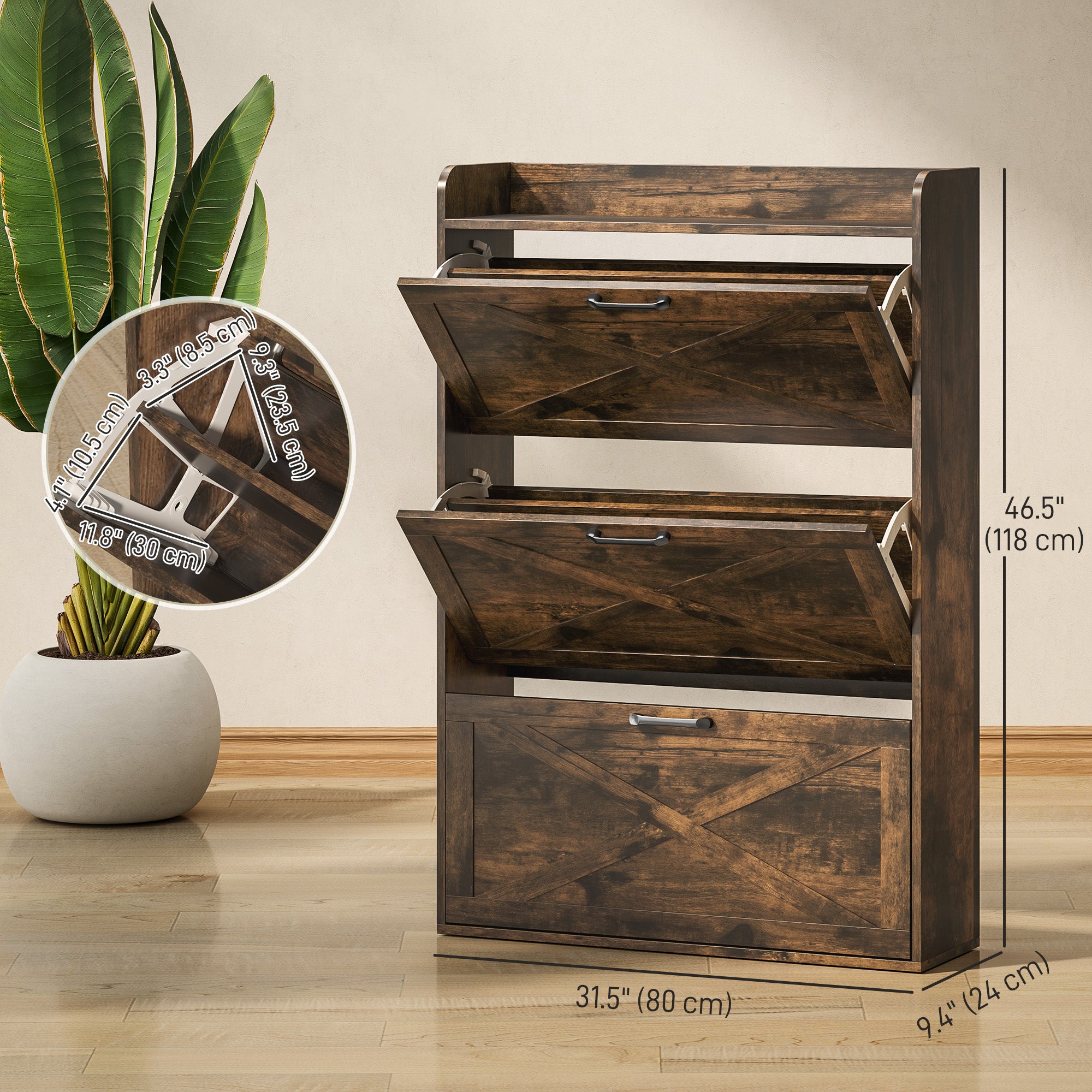 HOMCOM Narrow Shoe Cabinet, Farmhouse Slim Shoe Organizer Cabinet with 3 Flip Drawers, Adjustable Shelves, Barn Door Design for Entryway, Hallway, Rustic Brown