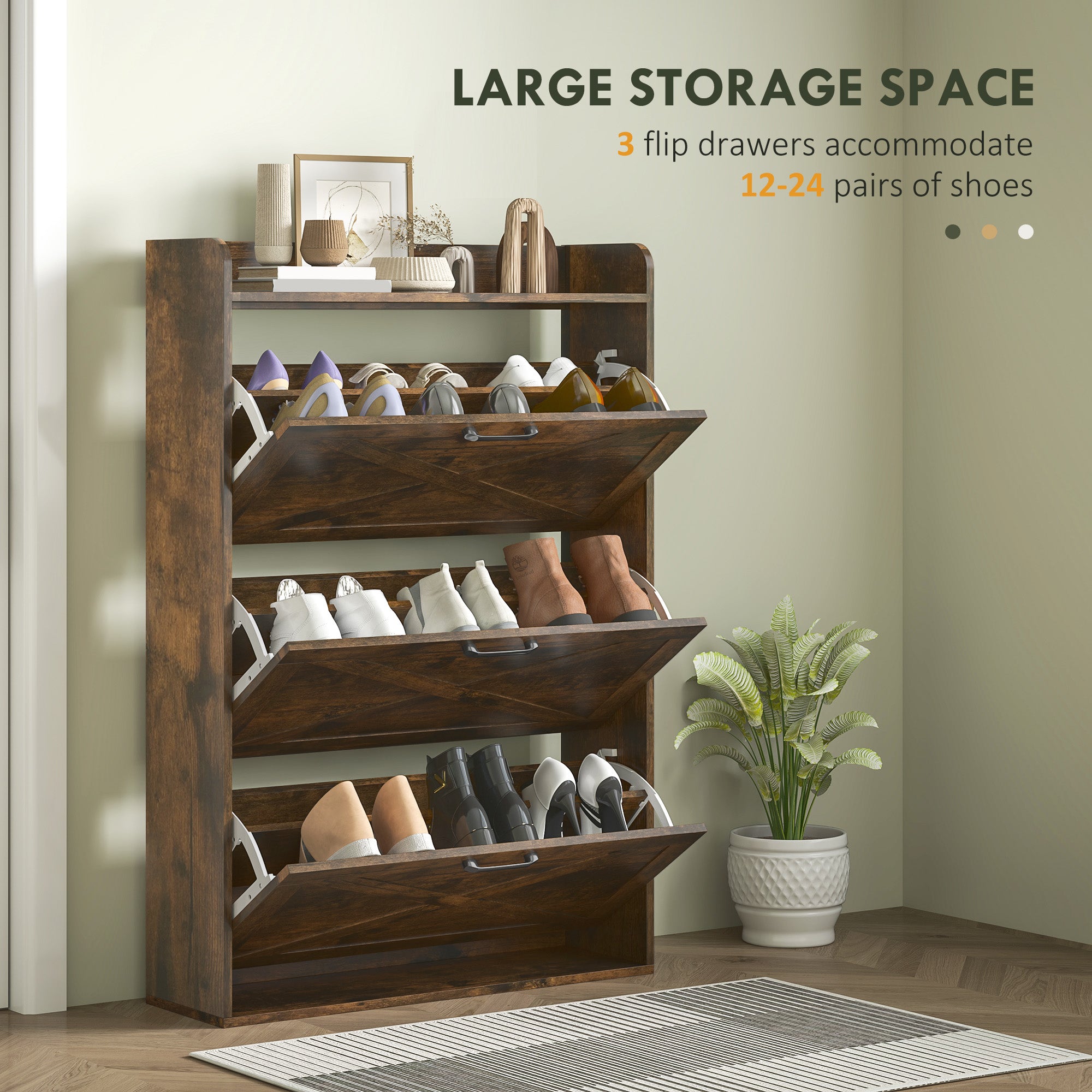 HOMCOM Narrow Shoe Cabinet, Farmhouse Slim Shoe Organizer Cabinet with 3 Flip Drawers, Adjustable Shelves, Barn Door Design for Entryway, Hallway, Rustic Brown