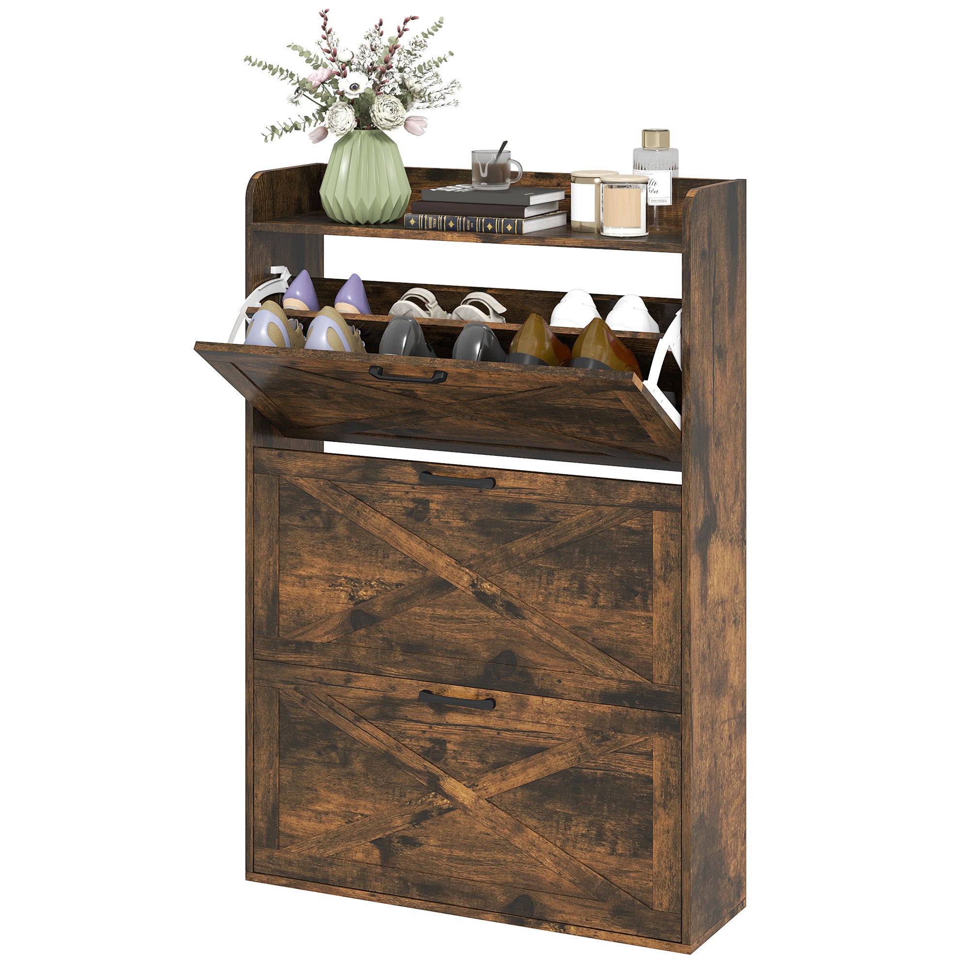 HOMCOM Narrow Shoe Cabinet, Farmhouse Slim Shoe Organizer Cabinet with 3 Flip Drawers, Adjustable Shelves, Barn Door Design for Entryway, Hallway, Rustic Brown