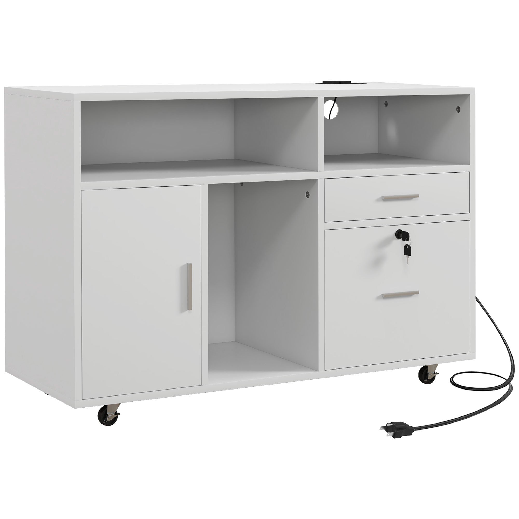 HOMCOM 2 Drawer Lateral Filing Cabinet with Charging Station and USB Ports, Mobile Printer Stand with Open Storage Shelf, Locking File Cabinet for A4, Letter Size, White