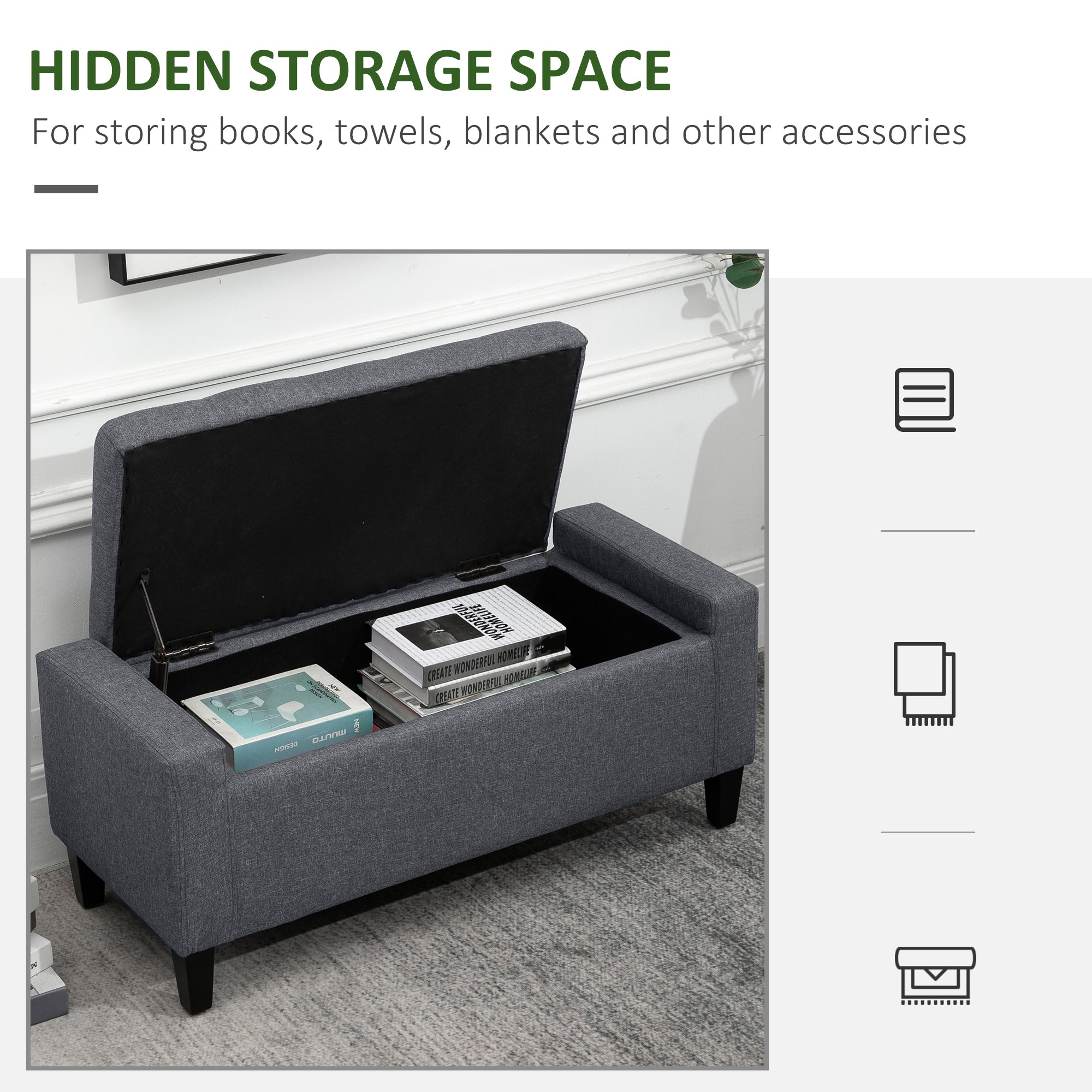 HOMCOM Storage Ottoman Bench Linen-Touch Fabric Tufted Chest Footstool with Flipping Top, Dark Grey