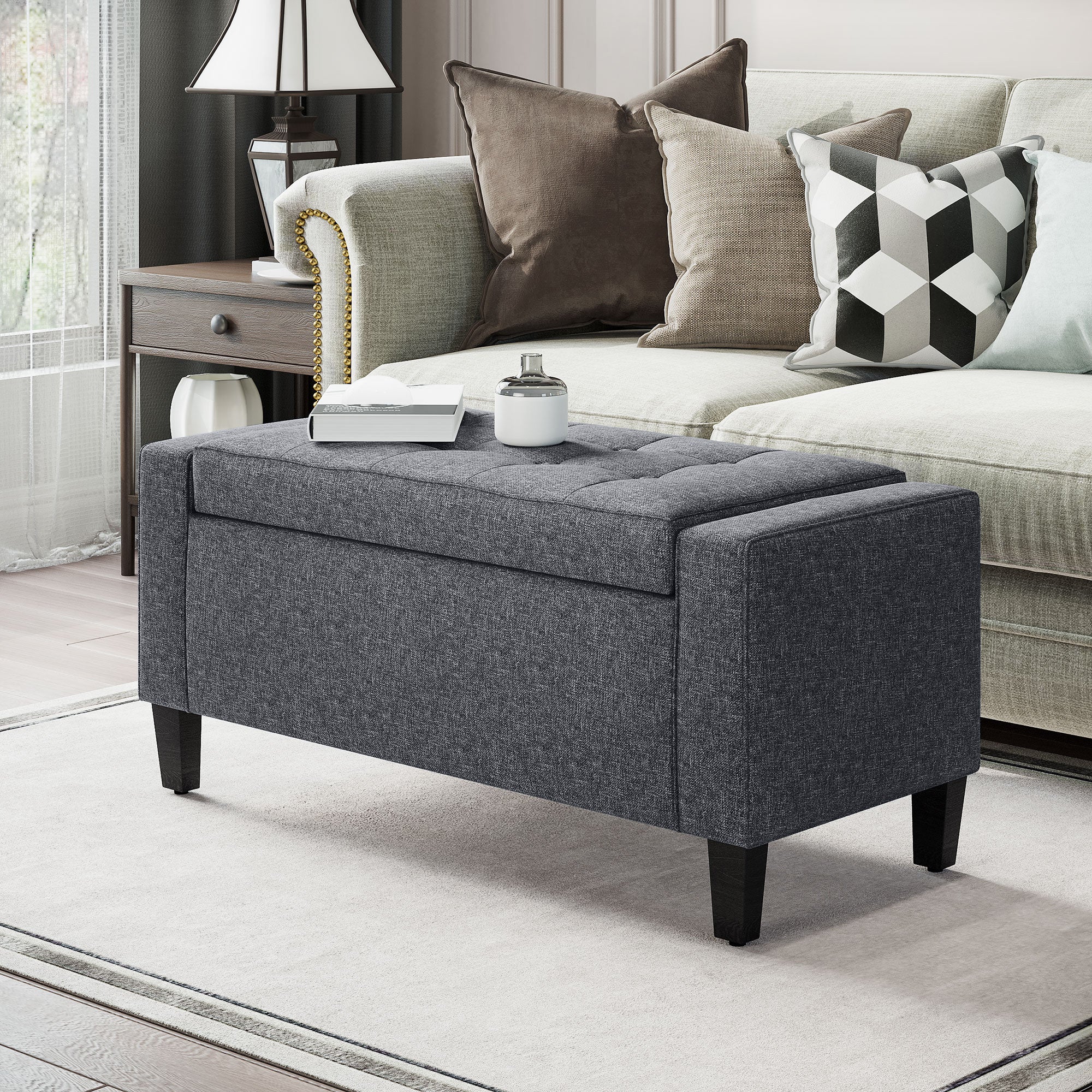HOMCOM Storage Ottoman Bench Linen-Touch Fabric Tufted Chest Footstool with Flipping Top, Dark Grey