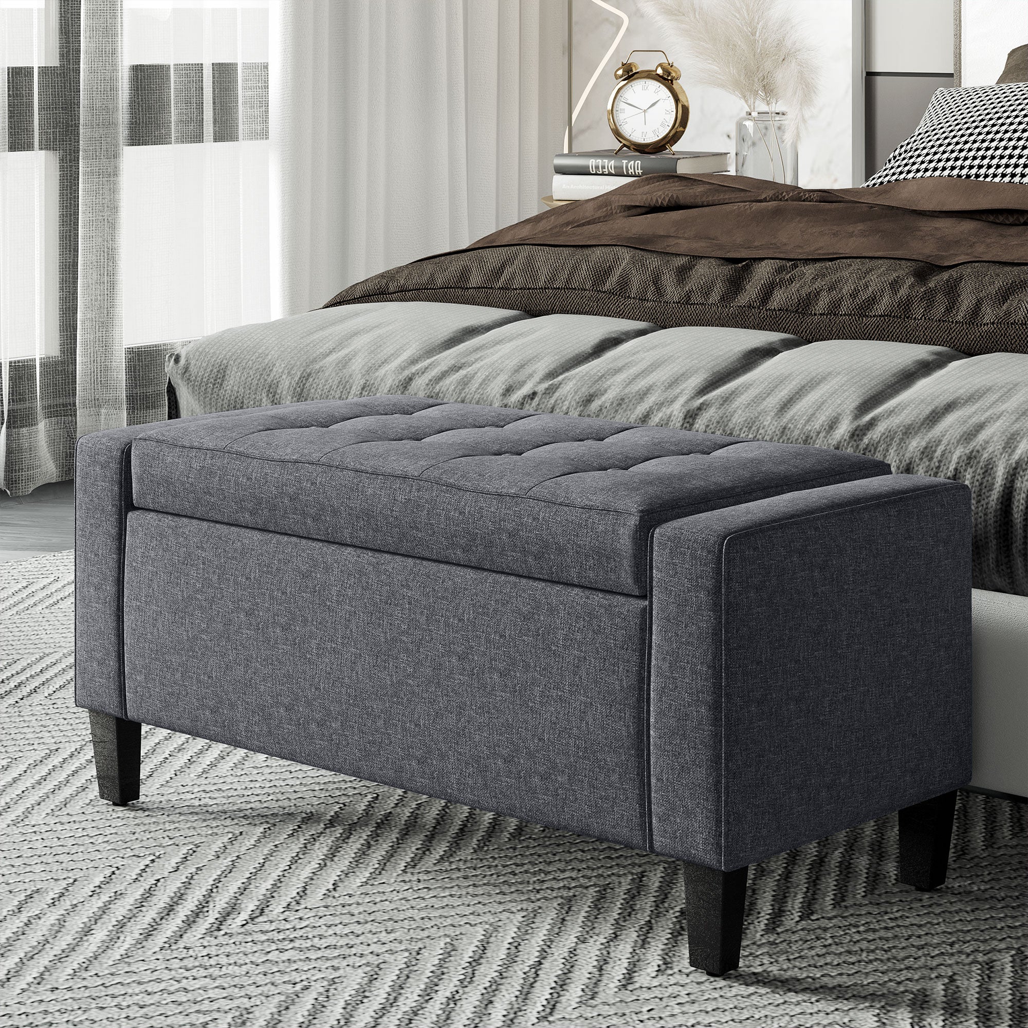 HOMCOM Storage Ottoman Bench Linen-Touch Fabric Tufted Chest Footstool with Flipping Top, Dark Grey