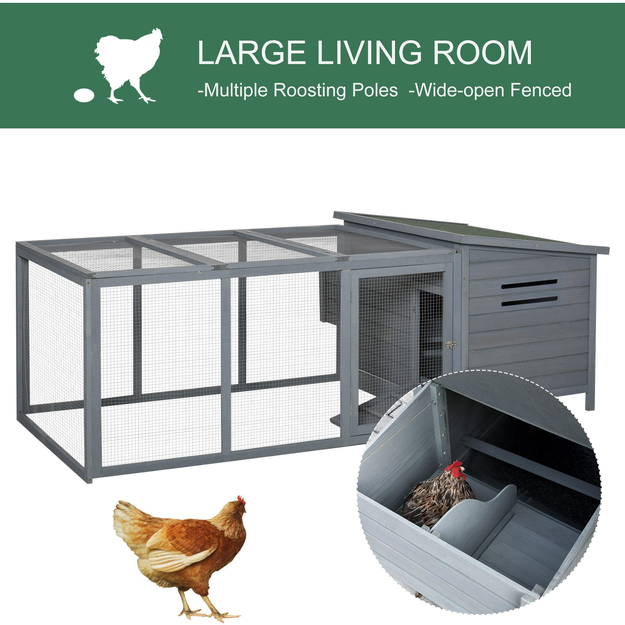 PawHut 88" Large Wooden Chicken Coop Outdoor Hen House Poultry Cage Pen Backyard with Run, Nesting Box, Waterproof Roof and Removable Tray, Gray