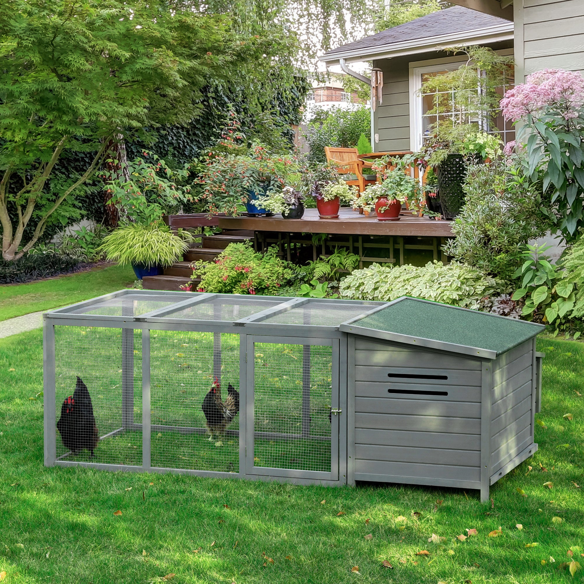 PawHut 88" Large Wooden Chicken Coop Outdoor Hen House Poultry Cage Pen Backyard with Run, Nesting Box, Waterproof Roof and Removable Tray, Gray