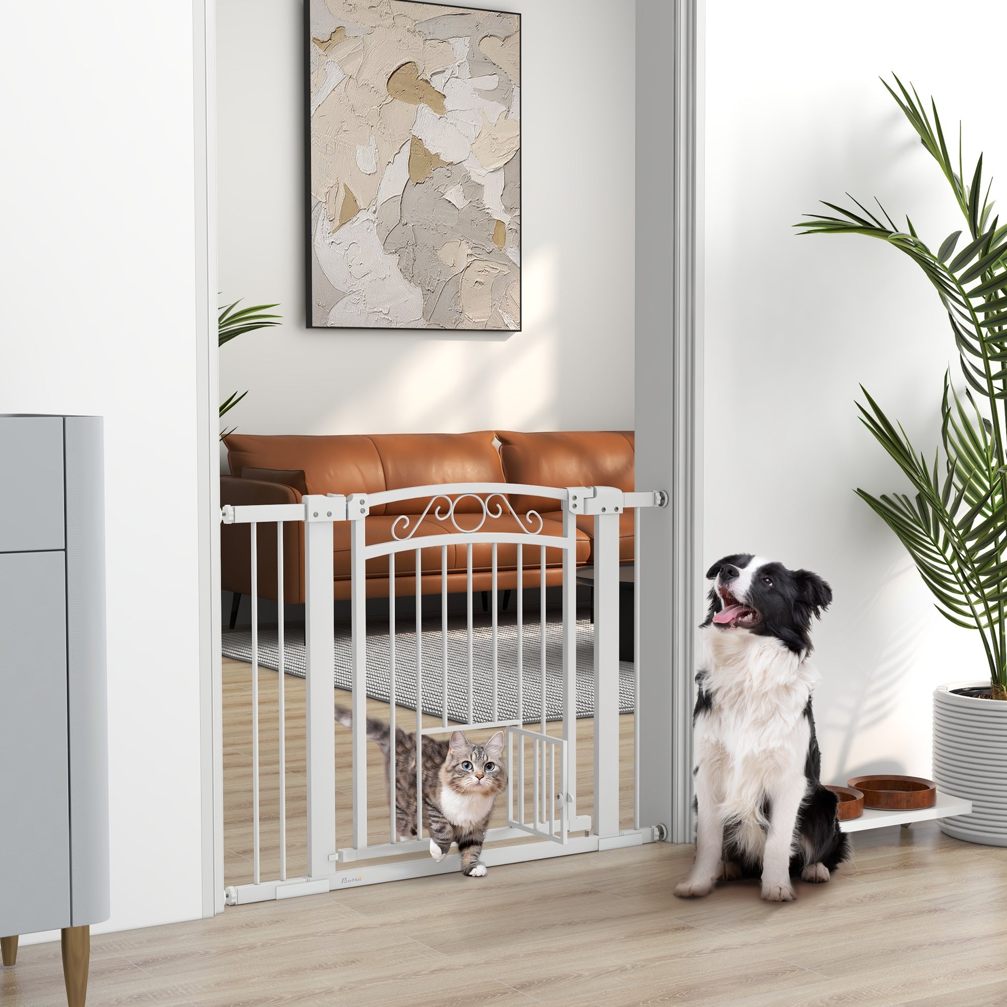 PawHut Dog Gate, Walk Through Pet Gate with Small Pet Door, Auto Close, for Doorways, House, Stair, 2 Extension Kits, Pressure Mount Kit, 30"-41" W x 30" H