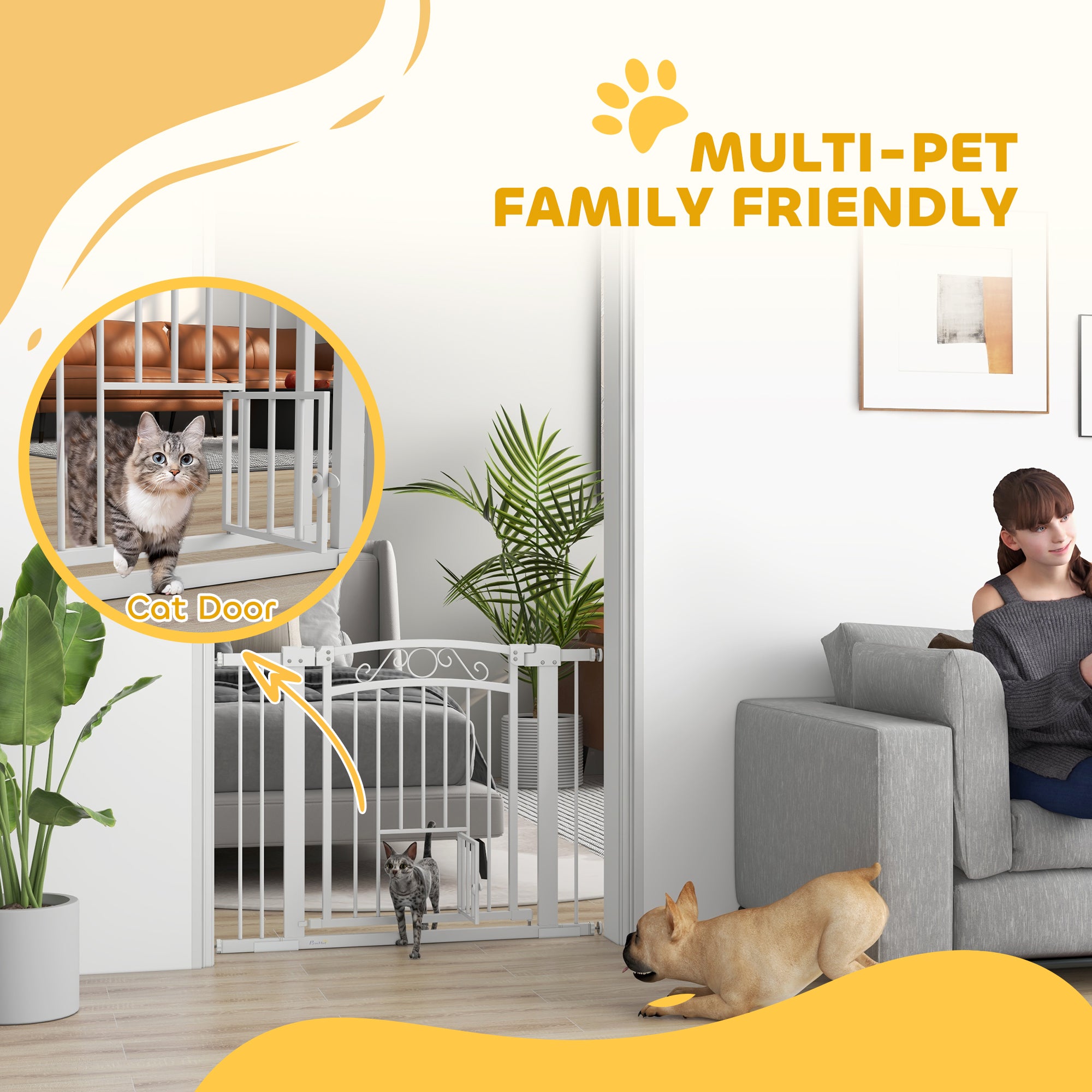 PawHut Dog Gate, Walk Through Pet Gate with Small Pet Door, Auto Close, for Doorways, House, Stair, 2 Extension Kits, Pressure Mount Kit, 30"-41" W x 30" H