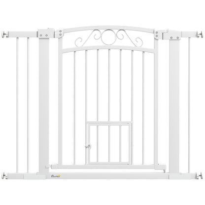 PawHut Dog Gate, Walk Through Pet Gate with Small Pet Door, Auto Close, for Doorways, House, Stair, 2 Extension Kits, Pressure Mount Kit, 30"-41" W x 30" H