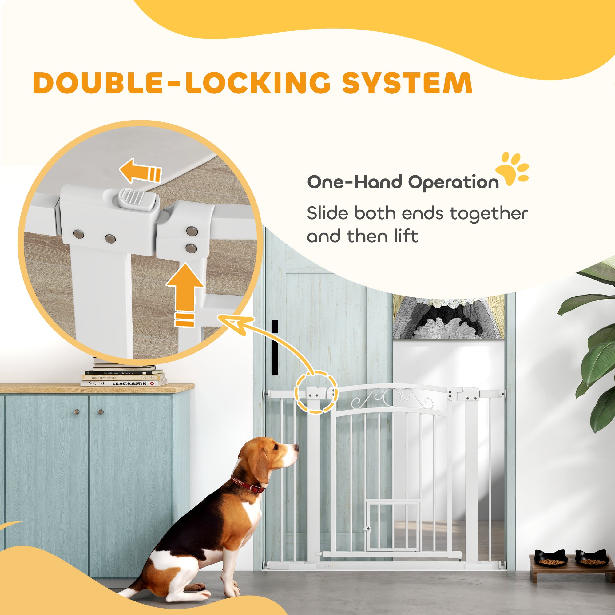 PawHut Dog Gate, Walk Through Pet Gate with Small Pet Door, Auto Close, for Doorways, House, Stair, 2 Extension Kits, Pressure Mount Kit, 30"-41" W x 30" H
