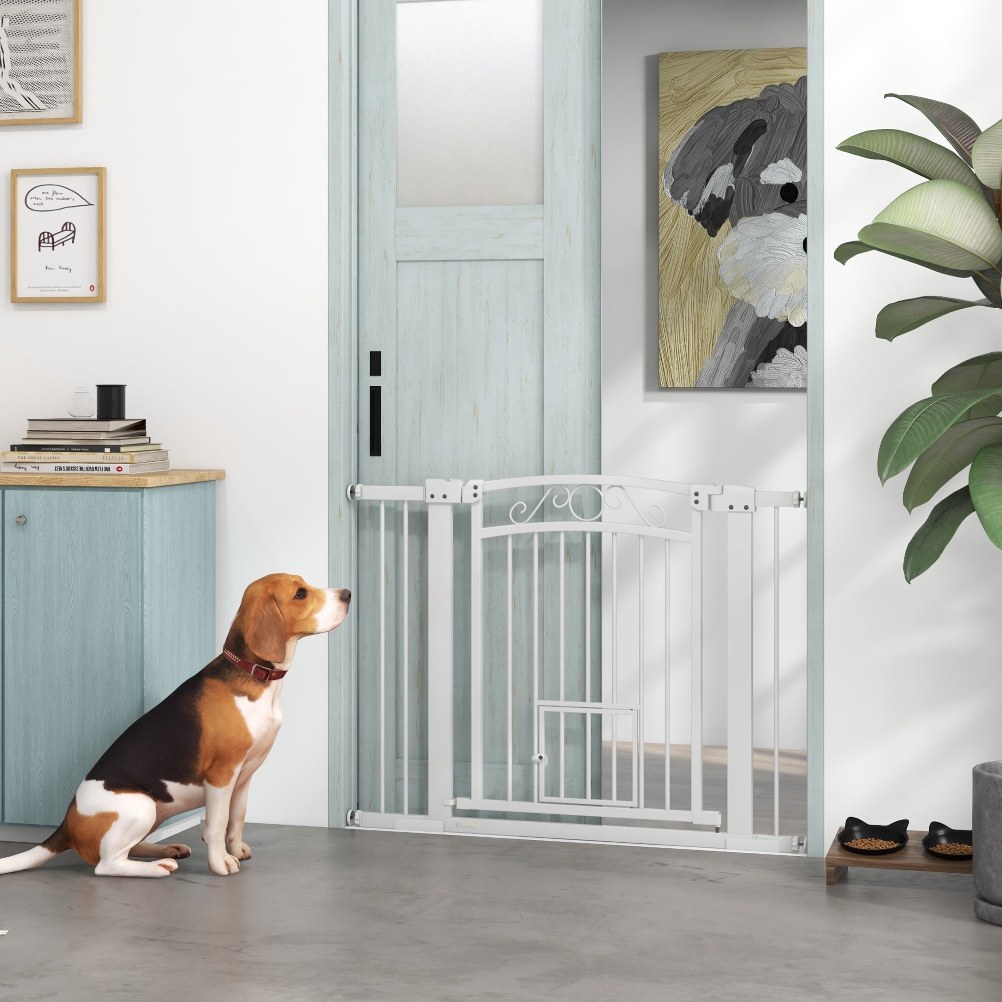 PawHut Dog Gate, Walk Through Pet Gate with Small Pet Door, Auto Close, for Doorways, House, Stair, 2 Extension Kits, Pressure Mount Kit, 30"-41" W x 30" H
