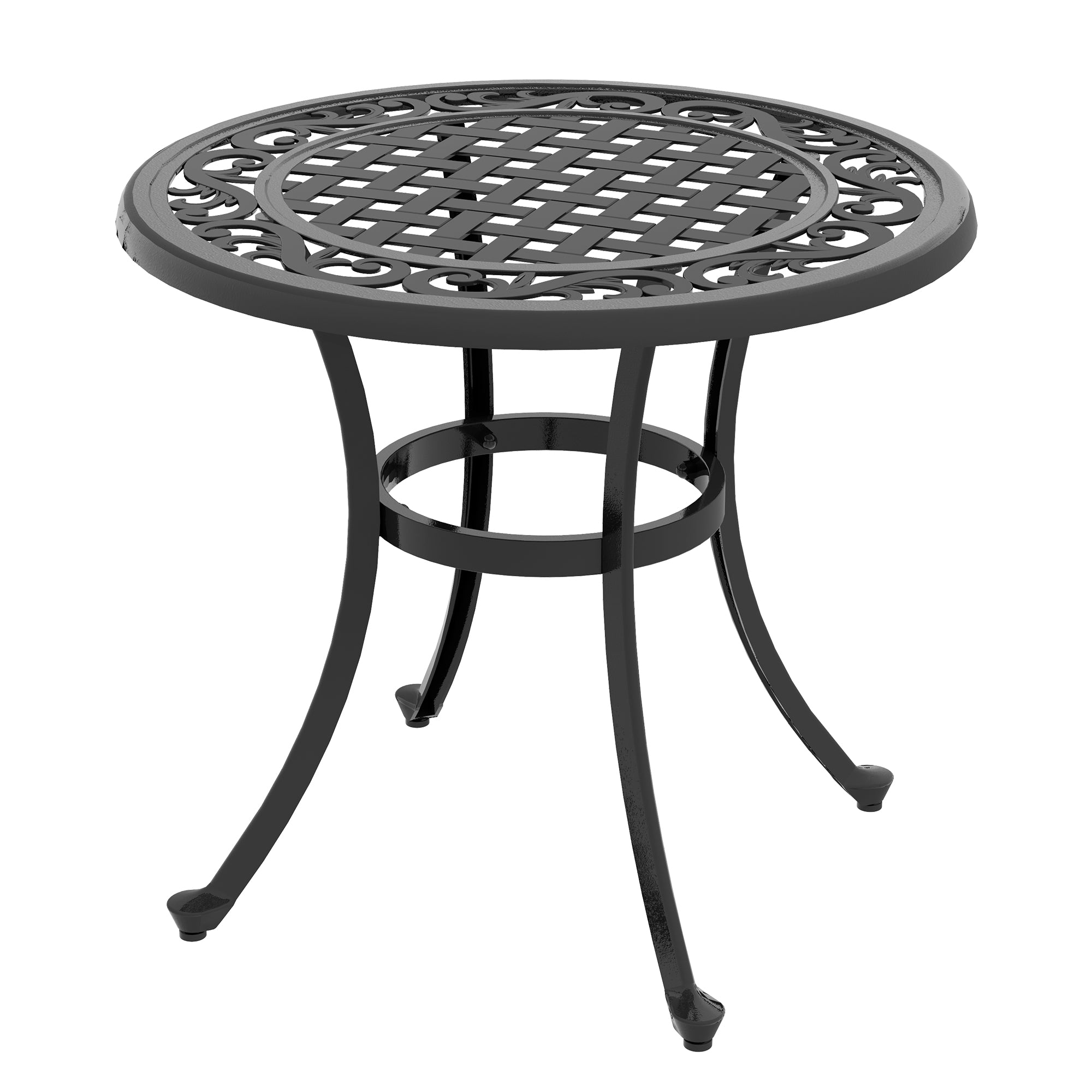 Outsunny 23.6" Patio Table, Outdoor Coffee Table, Round Hollow Top Design Side Table with Cast Aluminium Frame, Adjustable Feet for Garden, Balcony, Black