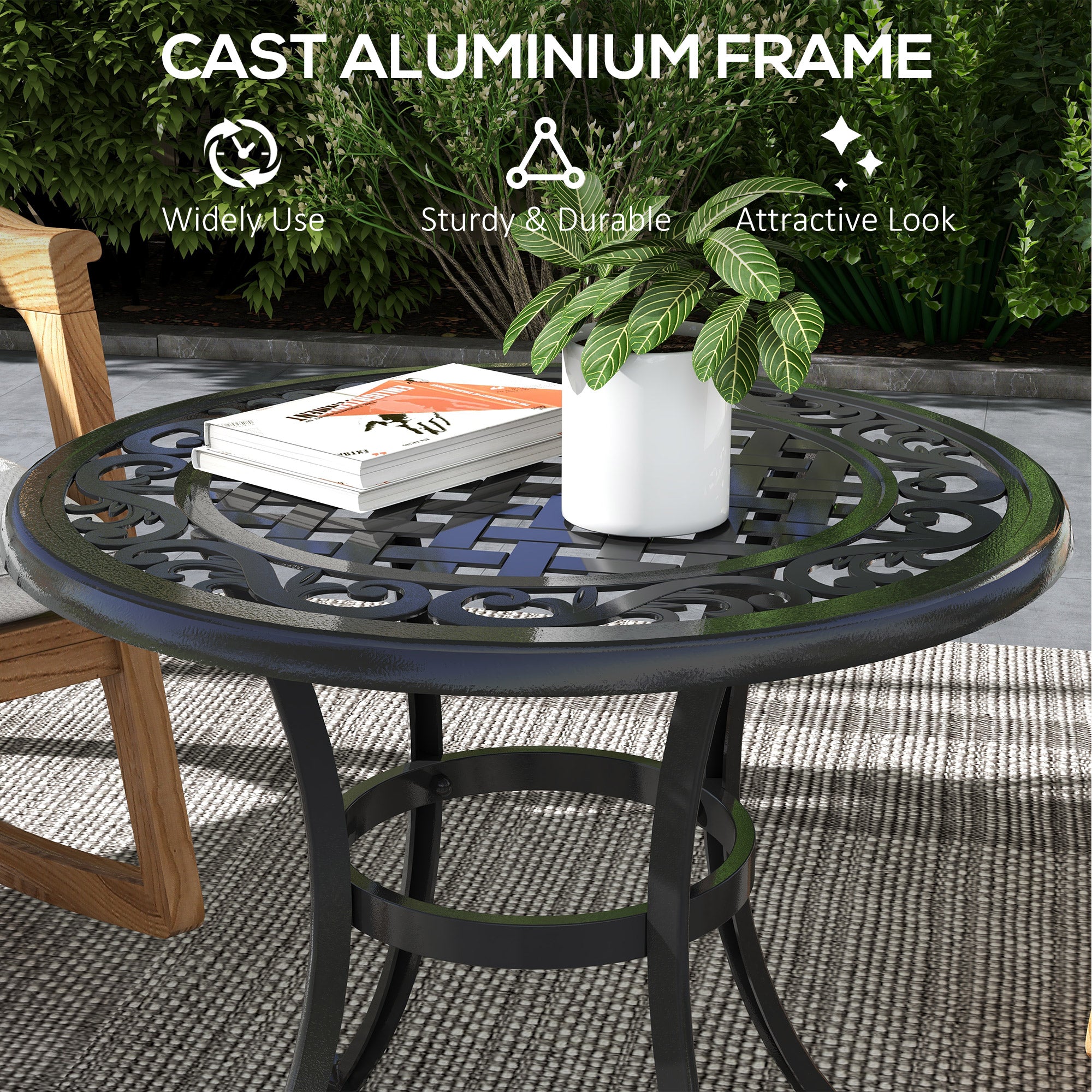 Outsunny 23.6" Patio Table, Outdoor Coffee Table, Round Hollow Top Design Side Table with Cast Aluminium Frame, Adjustable Feet for Garden, Balcony, Black