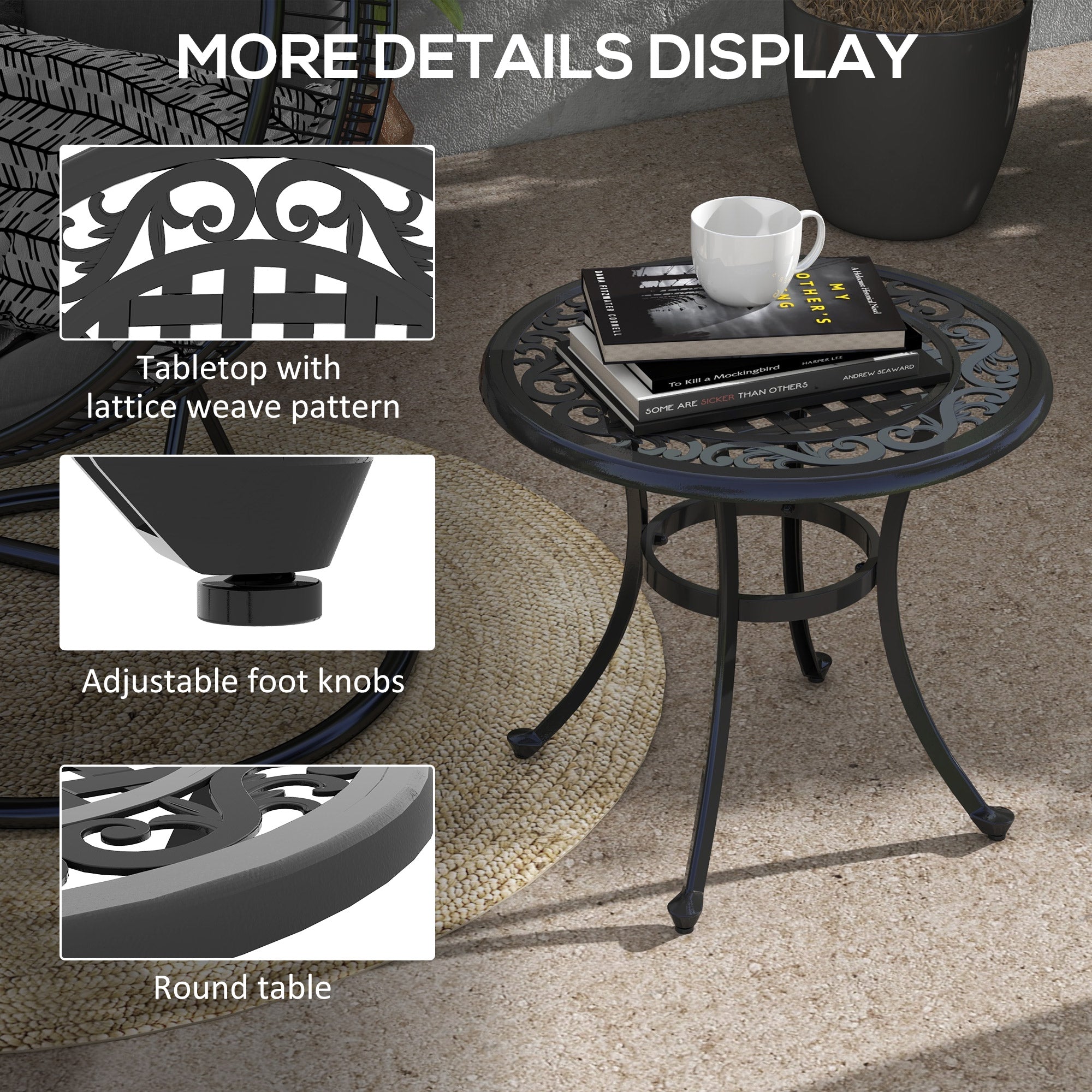 Outsunny 23.6" Patio Table, Outdoor Coffee Table, Round Hollow Top Design Side Table with Cast Aluminium Frame, Adjustable Feet for Garden, Balcony, Black