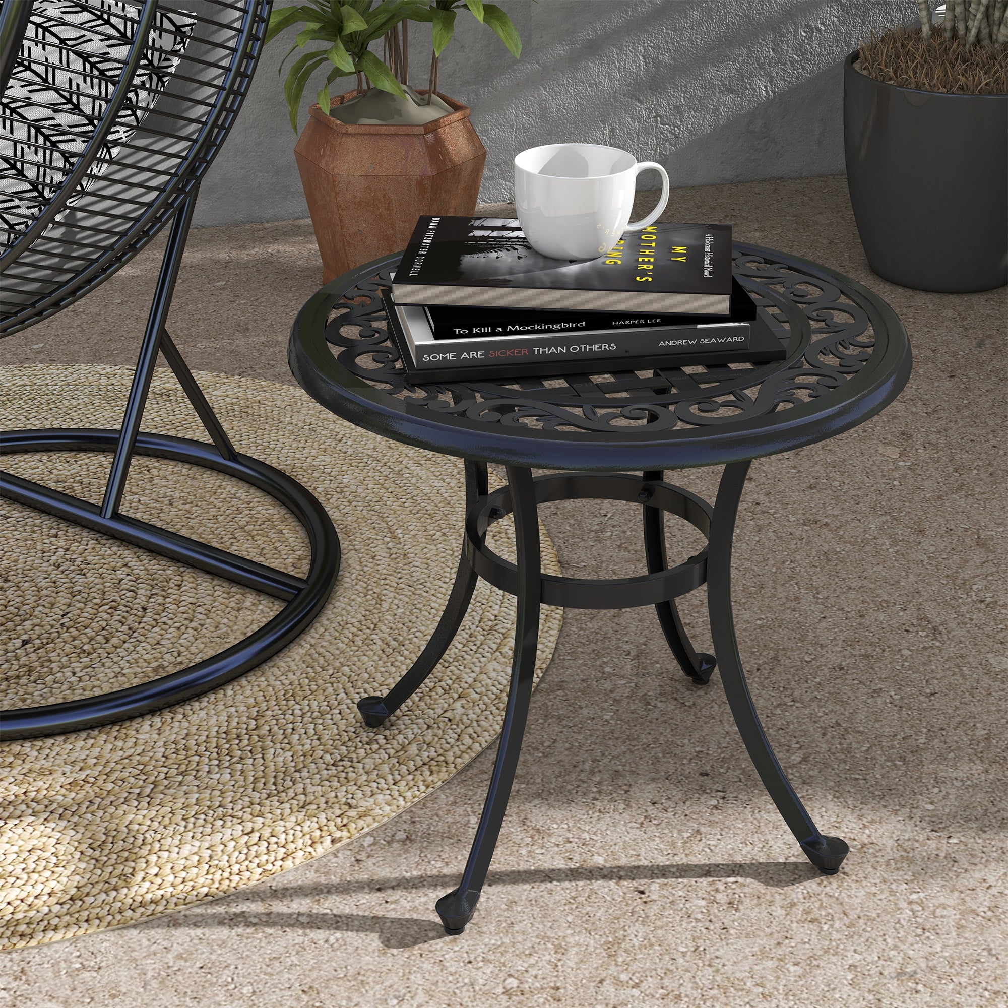 Outsunny 23.6" Patio Table, Outdoor Coffee Table, Round Hollow Top Design Side Table with Cast Aluminium Frame, Adjustable Feet for Garden, Balcony, Black
