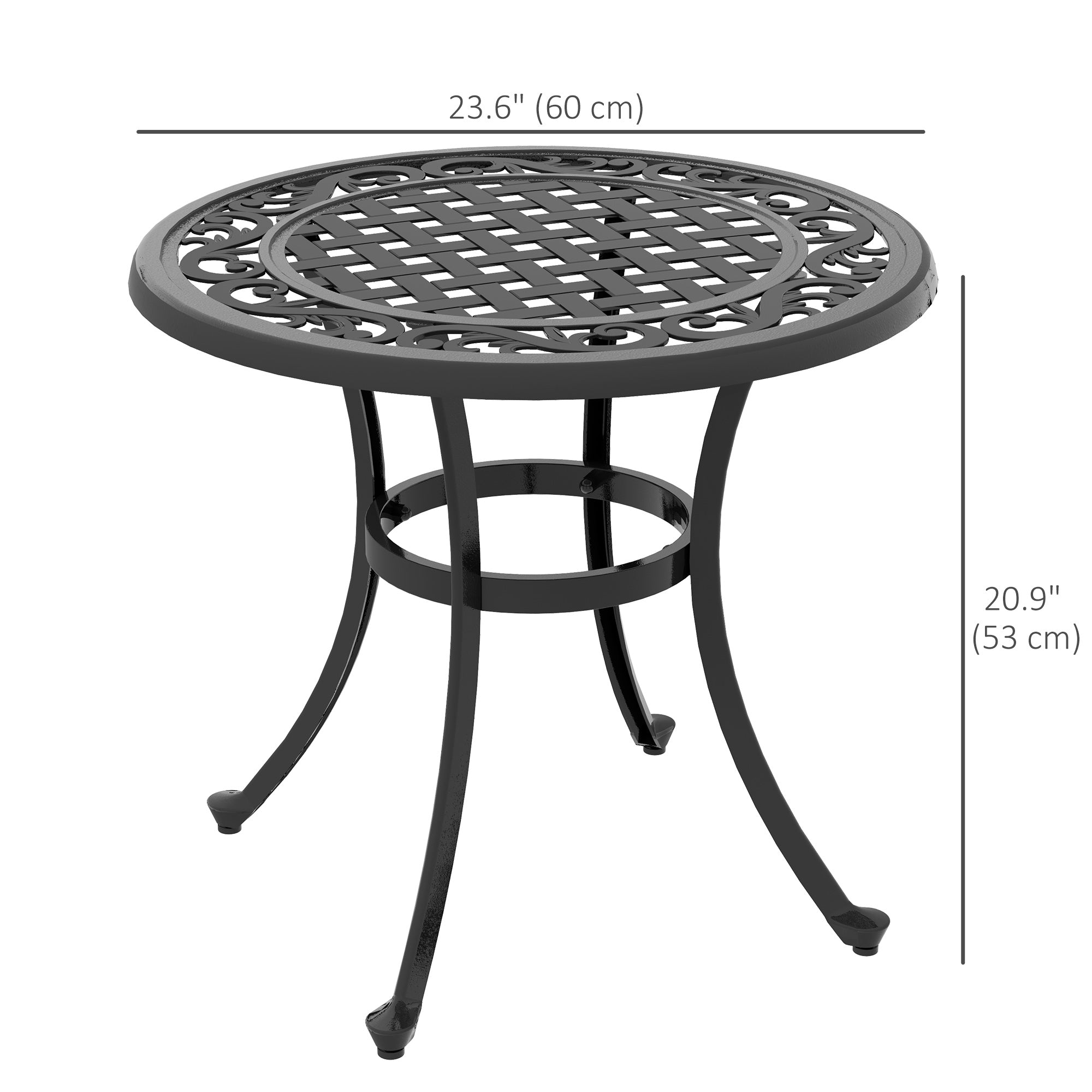 Outsunny 23.6" Patio Table, Outdoor Coffee Table, Round Hollow Top Design Side Table with Cast Aluminium Frame, Adjustable Feet for Garden, Balcony, Black